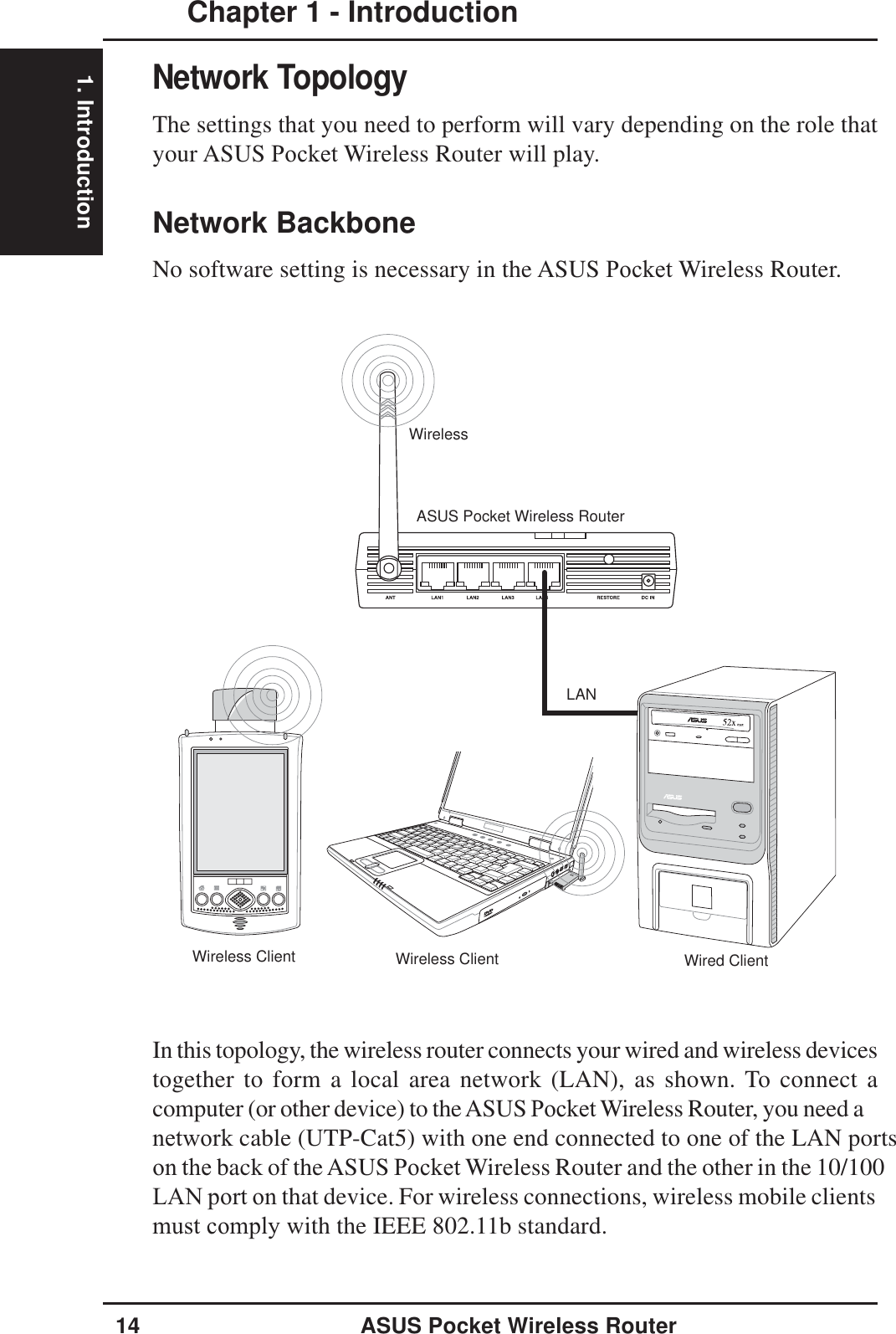 1. IntroductionChapter 1 - Introduction14 ASUS Pocket Wireless RouterASUS Pocket Wireless RouterWireless ClientWireless ClientWirelessLANWired ClientNetwork TopologyThe settings that you need to perform will vary depending on the role thatyour ASUS Pocket Wireless Router will play.Network BackboneNo software setting is necessary in the ASUS Pocket Wireless Router.In this topology, the wireless router connects your wired and wireless devicestogether to form a local area network (LAN), as shown. To connect acomputer (or other device) to theASUS Pocket Wireless Router, you need a network cable (UTP-Cat5) with one end connected to one of the LAN portson the back of theASUS Pocket Wireless Router and the other in the 10/100 LAN port on that device. For wireless connections, wireless mobile clients must comply with the IEEE 802.11b standard.