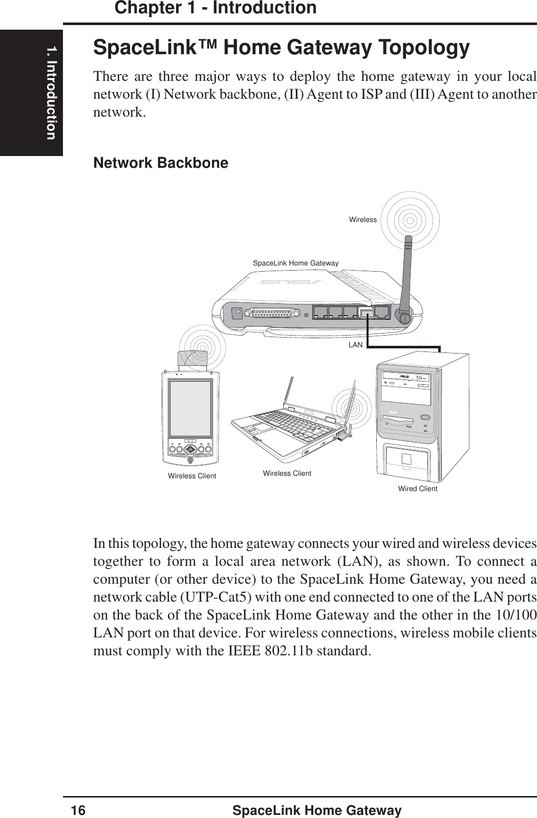 1. IntroductionChapter 1 - Introduction16 SpaceLink Home GatewayWired ClientWireless ClientWireless ClientSpaceLink Home GatewayWirelessLANSpaceLink™ Home Gateway TopologyThere are three major ways to deploy the home gateway in your localnetwork (I) Network backbone, (II) Agent to ISP and (III) Agent to anothernetwork.In this topology, the home gateway connects your wired and wireless devicestogether to form a local area network (LAN), as shown. To connect acomputer (or other device) to the SpaceLink Home Gateway, you need anetwork cable (UTP-Cat5) with one end connected to one of the LAN portson the back of the SpaceLink Home Gateway and the other in the 10/100LAN port on that device. For wireless connections, wireless mobile clientsmust comply with the IEEE 802.11b standard.Network Backbone