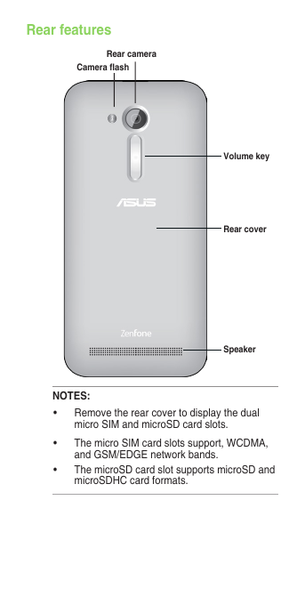 Rear featuresNOTES:• Removetherearcovertodisplaythedualmicro SIM and microSD card slots.• ThemicroSIMcardslotssupport,WCDMA,and GSM/EDGE network bands. • ThemicroSDcardslotsupportsmicroSDandmicroSDHCcardformats.Rear cameraCamera ashRear coverSpeakerVolume key
