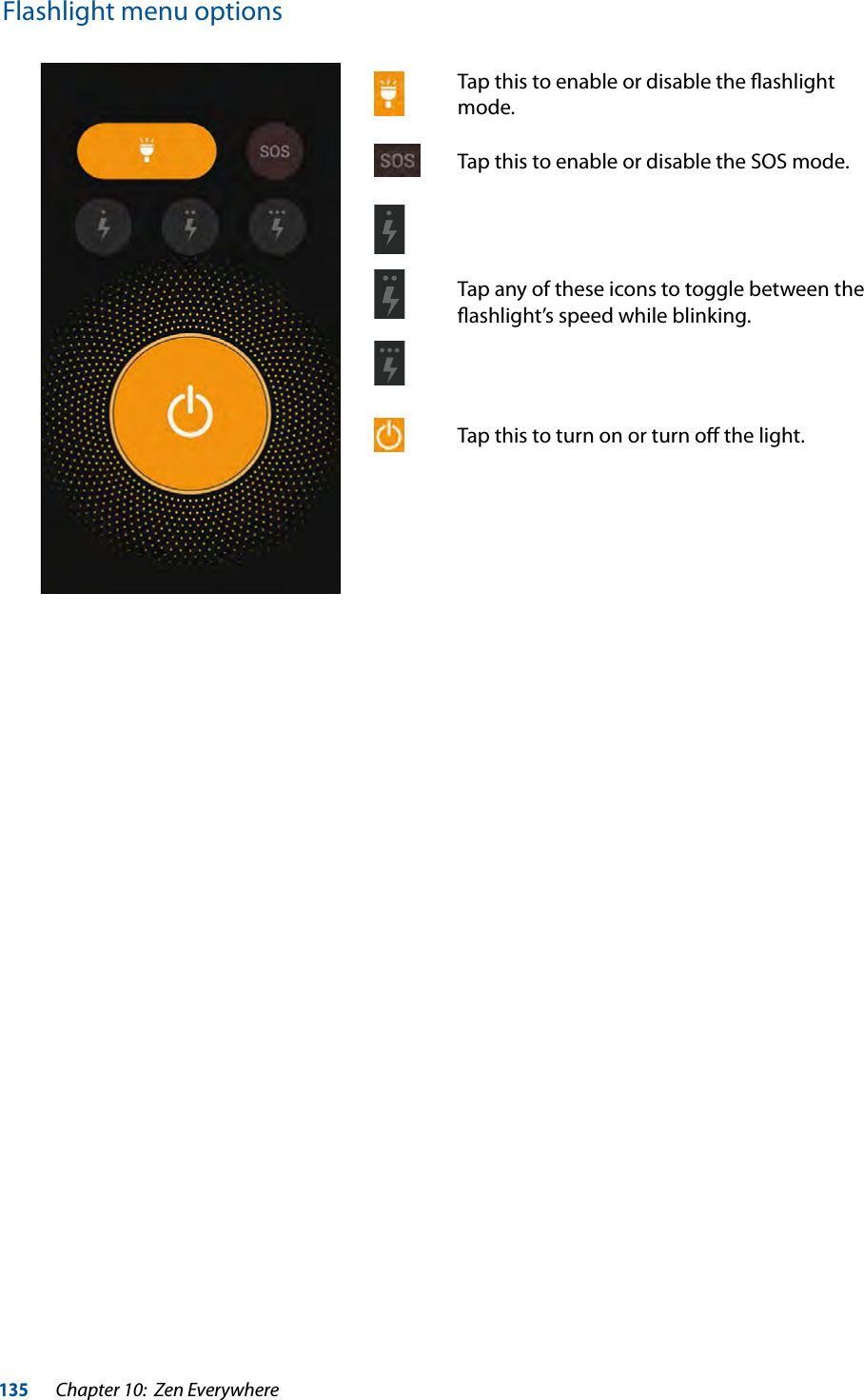 135Chapter 10:  Zen EverywhereFlashlight menu optionsmode.Tap this to enable or disable the SOS mode.Tap any of these icons to toggle between the Tap this to turn on or turn oﬀ the light.