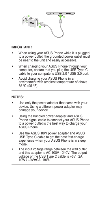NOTES:• Useonlythepoweradapterthatcamewithyourdevice. Using a different power adapter may damage your device.• UsingthebundledpoweradapterandASUSPhone signal cable to connect your ASUS Phone to a power outlet is the best way to charge your ASUS Phone.• UsetheASUS18WpoweradapterandASUSUSB Type C cable to get the best fast-charge experience when your ASUS Phone is in sleep mode.• Theinputvoltagerangebetweenthewalloutletand this adapter is AC 100V - 240V. The output voltage of the USB Type C cable is +5V 2A, 10W/+9V 2A,18W.IMPORTANT!• WhenusingyourASUSPhonewhileitispluggedto a power outlet, the grounded power outlet must be near to the unit and easily accessible.• WhenchargingyourASUSPhonethroughyourcomputer, ensure that you plug the USB Type C cable to your computer’s USB 2.0 / USB 3.0 port.• AvoidchargingyourASUSPhoneinanenvironment with ambient temperature of above 35 °C(95°F). 312