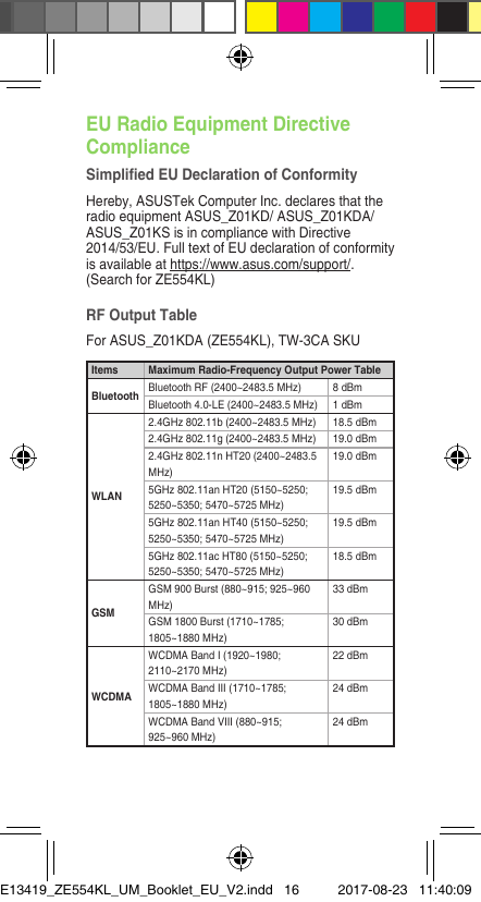 EU Radio Equipment Directive ComplianceSimplied EU Declaration of ConformityHereby, ASUSTek Computer Inc. declares that the radio equipment ASUS_Z01KD/ ASUS_Z01KDA/ ASUS_Z01KS is in compliance with Directive 2014/53/EU.FulltextofEUdeclarationofconformityis available at https://www.asus.com/support/. (Search for ZE554KL)RF Output Table For ASUS_Z01KDA (ZE554KL), TW-3CA SKUItems Maximum Radio-Frequency Output Power TableBluetooth Bluetooth RF (2400~2483.5 MHz) 8 dBmBluetooth 4.0-LE (2400~2483.5 MHz) 1 dBmWLAN2.4GHz 802.11b (2400~2483.5 MHz) 18.5 dBm2.4GHz 802.11g (2400~2483.5 MHz) 19.0 dBm2.4GHz 802.11n HT20 (2400~2483.5 MHz)19.0 dBm5GHz 802.11an HT20 (5150~5250; 5250~5350; 5470~5725 MHz)19.5 dBm5GHz 802.11an HT40 (5150~5250; 5250~5350; 5470~5725 MHz)19.5 dBm5GHz 802.11ac HT80 (5150~5250; 5250~5350; 5470~5725 MHz)18.5 dBmGSMGSM 900 Burst (880~915; 925~960 MHz)33 dBmGSM 1800 Burst (1710~1785; 1805~1880 MHz)30 dBmWCDMAWCDMA Band I (1920~1980; 2110~2170 MHz)22 dBmWCDMA Band III (1710~1785; 1805~1880 MHz)24 dBmWCDMA Band VIII (880~915; 925~960 MHz)24 dBmE13419_ZE554KL_UM_Booklet_EU_V2.indd   16 2017-08-23   11:40:09