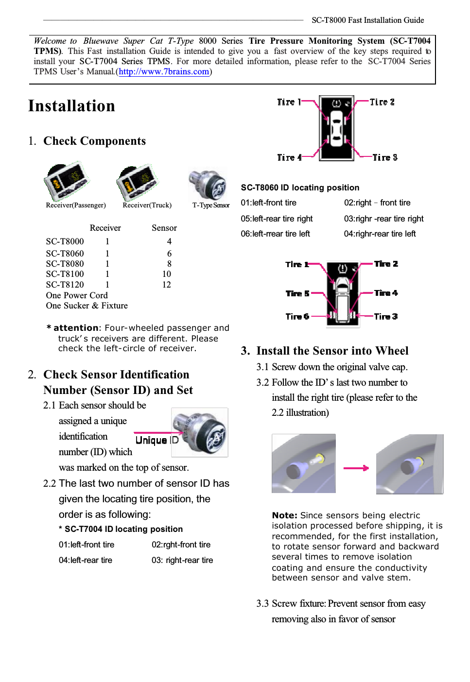 ѧѧѧѧѧѧѧѧѧѧѧѧѧѧѧѧѧѧѧѧѧѧѧѧѧѧѧѧѧѧѧʳ SC-T8000 Fast Installation GuideInstallation1. Check ComponentsReceiver(Passenger)ʳ   Receiver(Truck)ʳʳ  T-Type SensorReceiver SensorSC-T8000  1    4SC-T8060    1    6SC-T8080    1    8SC-T8100    1   10SC-T8120    1   12One Power CordOne Sucker &amp; Fixture* attention: Four-wheeled passenger and truck’ s receivers are different. Please check the left-circle of receiver.2. Check Sensor Identification Number (Sensor ID) and Set2.1 Each sensor should be assigned a unique identificationnumber (ID) which was marked on the top of sensor.2.2 The last two number of sensor ID has given the locating tire position, the order is as following:* SC-T7004 ID locating position01:left-front tire 02:rght-front tire04:left-rear tire 03: right-rear tireSC-T8060 ID locating position01:left-front tire 02:rightΩfront tire05:left-rear tire right 03:righr -rear tire right06:left-rrear tire left 04:righr-rear tire left3. Install the Sensor into Wheel3.1 Screw down the original valve cap.3.2 Follow the ID’ s last two number to install the right tire (please refer to the 2.2 illustration)Note: Since sensors being electric isolation processed before shipping, it is recommended, for the first installation, to rotate sensor forward and backward several times to remove isolation coating and ensure the conductivity between sensor and valve stem. 3.3 Screw fixture: Prevent sensor from easy removing also in favor of sensor Welcome to Bluewave Super Cat T-Type 8000 Series Tire Pressure Monitoring System (SC-T7004TPMS).This Fast  installation Guide is intended to give you a  fast overview of the key steps required toinstall your SC-T7004 Series TPMS. For more detailed information, please refer to the SC-T7004 SeriesTPMS User’s Manual.(http://www.7brains.com)