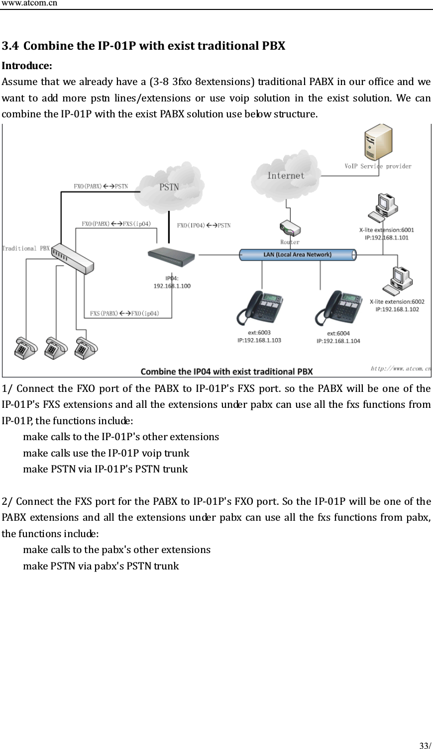 www.atcom.cn 3.4 CombinetheIPǦ01PwithexisttraditionalPBXIntroduce:ȋ͵Ǧͺ͵ͺȌ     Ȁ        Ǥ  ǦͲͳǤͳȀǦͲͳ̵ǤǦͲͳ̵ǦͲͳǡǣ  ǦͲͳ̵ǦͲͳ ǦͲͳ̵ ʹȀǦͲͳ̵ǤǦͲͳ  ǡǣ ̵̵ 33/