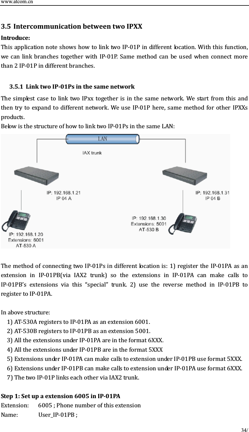 www.atcom.cn 3.5 IntercommunicationbetweentwoIPXXIntroduce:ǦͲͳǤǡ      ǦͲͳǤ        ʹǦͲͳǤ3.5.1 LinktwoIPǦ01Psinthesamenetwork           ǤǤǦͲͳǡ   ǤǦͲͳǣǦͲͳǣ ͳȌǦͲͳ  ǦͲͳȋ ʹ Ȍ     ǦͲͳǦͲͳǯ    ǲǳ Ǥ ʹȌ      ǦͲͳ ǦͲͳǤ ǣ ͳȌǦͷ͵ͲǦͲͳ͸ͲͲͳǤʹȌǦͷ͵ͲǦͲͳͷͲͲͳǤ͵ȌǦͲͳ͸ǤͶȌǦͲͳͷͷȌǦͲͳǦͲͳͷǤǦͲͳ͸Ǥ͸ȌǦͲͳ͹ȌǦͲͳʹǤStep1:Set upaextension6005inIPǦ01PAǣ   34/ ͸ͲͲͷǢǣ   ̴ǦͲͳǢ 