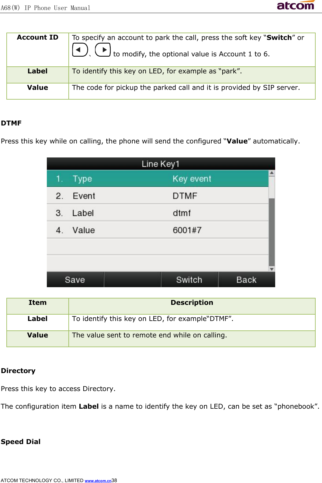 A68(W) IP Phone User Manual                                                           ATCOM TECHNOLOGY CO., LIMITED www.atcom.cn38   Account ID  To specify an account to park the call, press the soft key “Switch” or 、 to modify, the optional value is Account 1 to 6. Label  To identify this key on LED, for example as “park”. Value  The code for pickup the parked call and it is provided by SIP server.  DTMF Press this key while on calling, the phone will send the configured “Value” automatically.  Item  Description Label  To identify this key on LED, for example“DTMF”. Value The value sent to remote end while on calling.  Directory Press this key to access Directory. The configuration item Label is a name to identify the key on LED, can be set as “phonebook”.  Speed Dial 
