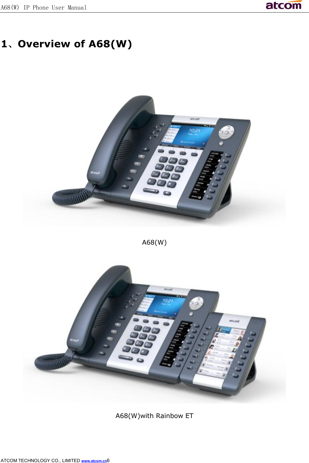 A68(W) IP Phone User Manual                                                           ATCOM TECHNOLOGY CO., LIMITED www.atcom.cn6   1、Overview of A68(W)   A68(W)  A68(W)with Rainbow ET  