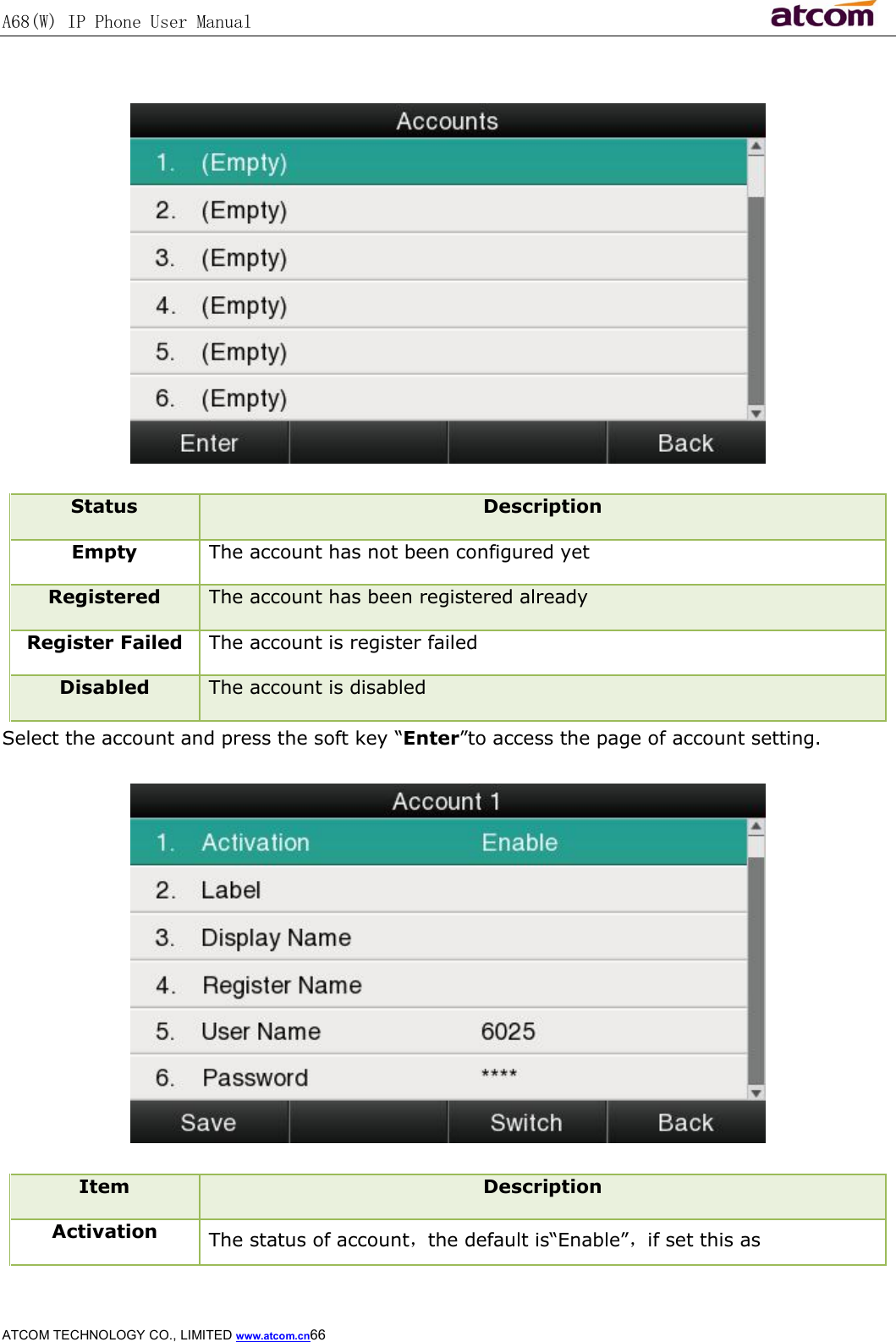 A68(W) IP Phone User Manual                                                           ATCOM TECHNOLOGY CO., LIMITED www.atcom.cn66    Status  Description Empty The account has not been configured yet Registered The account has been registered already Register Failed The account is register failed Disabled  The account is disabled Select the account and press the soft key “Enter”to access the page of account setting.   Item  Description Activation  The status of account，the default is“Enable”，if set this as 