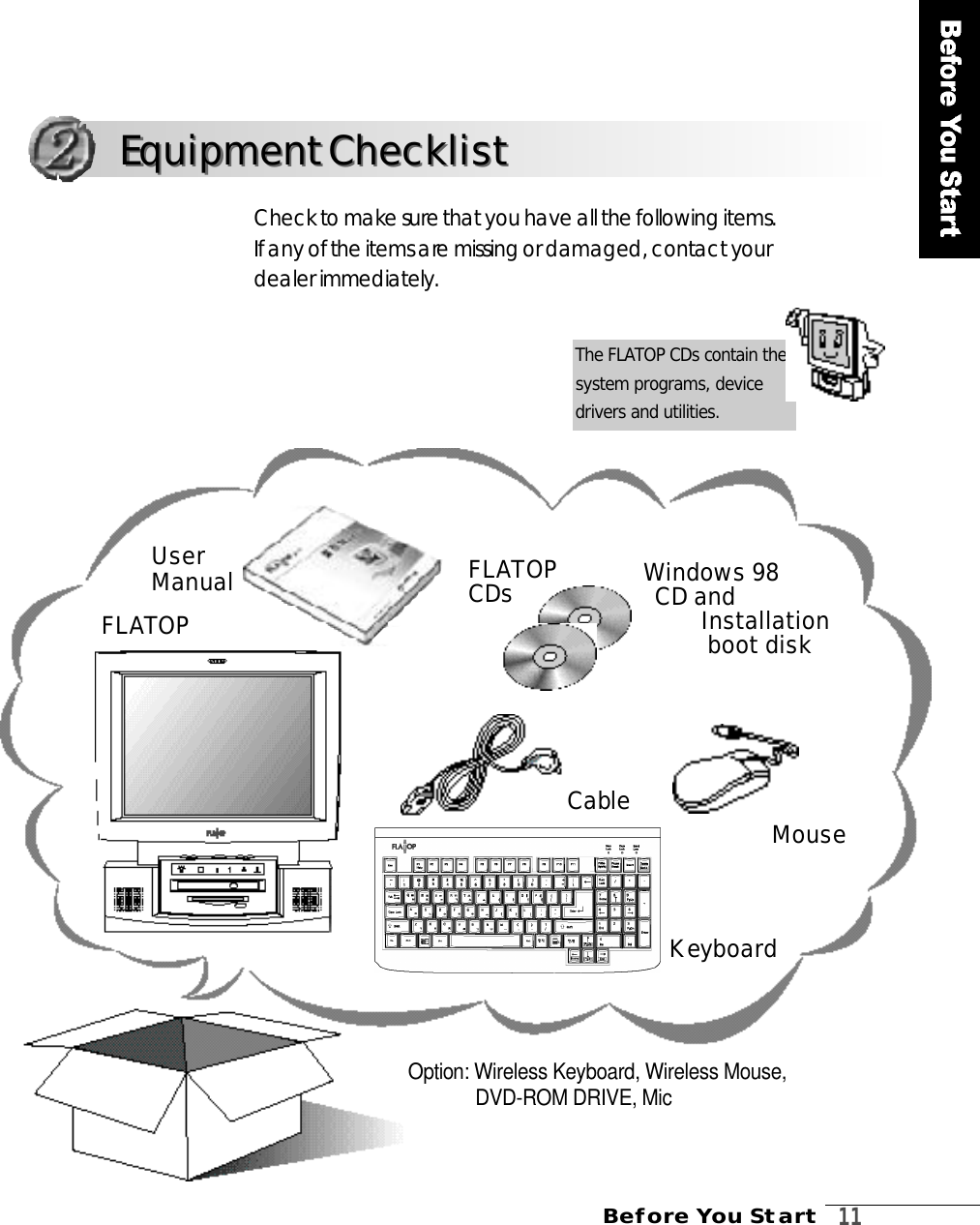 Before You Start   1 1Check to make sure that you have all the following items. If any of the items are missing or damaged, contact your dealer immediately.F L ATO PKey b o a rdMouse Power Cabl eUser M a nu a l F L AT O PC D s Wi n d o ws 98     CD and  I n s t a l l a tion  boot diskThe FLATOP CDs contain the system programs, device drivers and utilities.O p t i on: Wireless Keyboard, Wireless Mouse,DVD-ROM DRIVE, MicEquipment ChecklistEquipment Checklist