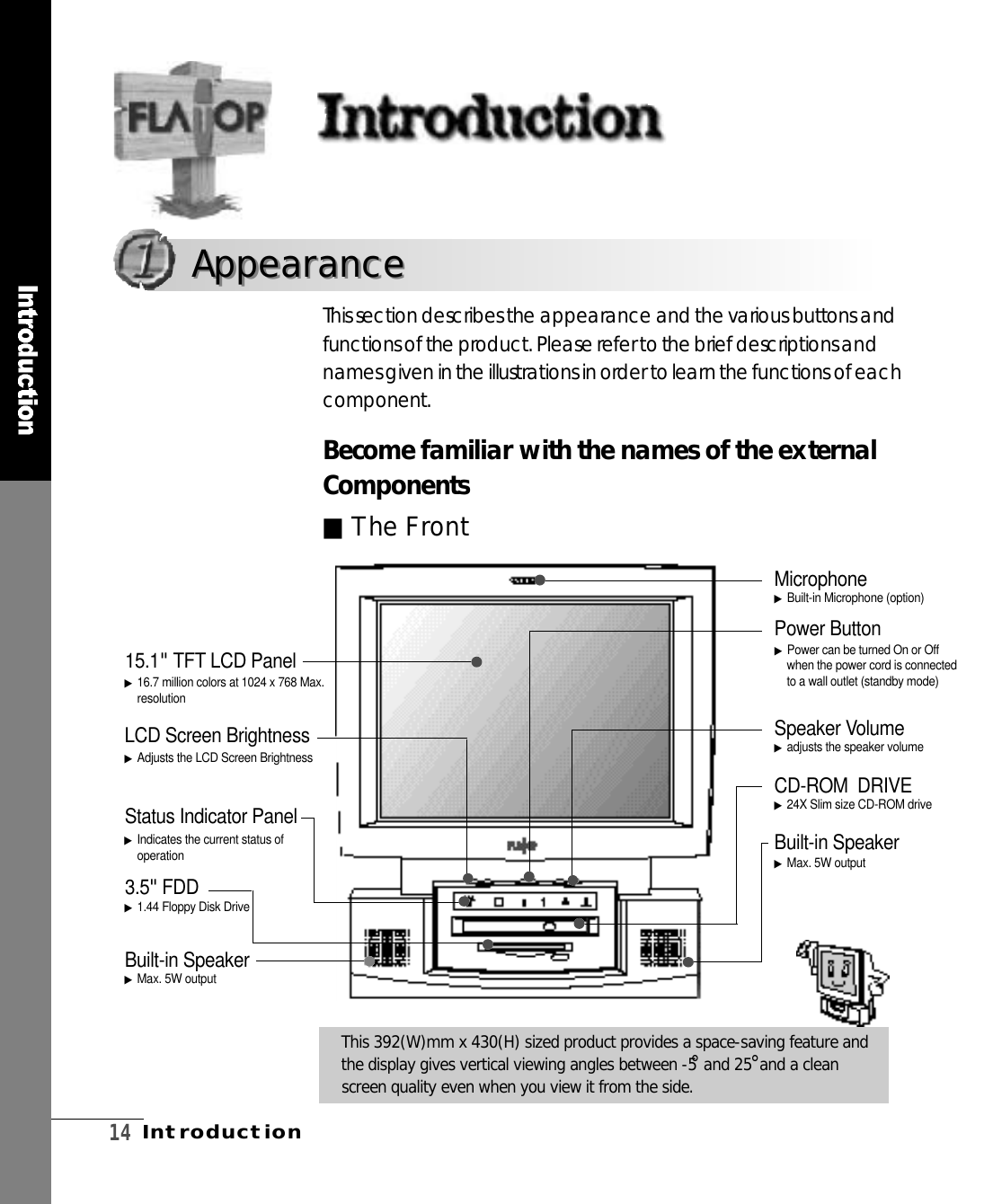 Become familiar with the names of the extern a lC o m p o n e n t s■The Fro n tThis section describes the appearance and the various buttons andfunctions of the product. Please refer to the brief descriptions andnames given in the illustrations in order to learn the functions of eachc o m p o n e n t .M i c r o p h o n ePower ButtonSpeaker Vo l u m eCD-ROM  DRIVEBuilt-in Speaker1 5 . 1󰢆TFT LCD PanelLCD Screen BrightnessStatus Indicator Panel3 . 5 󰢆F D DBuilt-in SpeakerThis 392(W)mm x 430(H) sized product provides a space-saving feature andthe display gives vertical viewing angles between -5°and 25°and a cleanscreen quality even when you view it from the side.▶Built-in Microphone (option)▶Power can be turned On or Offwhen the power cord is connectedto a wall outlet (standby mode)▶adjusts the speaker volume▶24X Slim size CD-ROM drive▶Max. 5W output▶16.7 million colors at 1024 x 768 Max.r e s o l u t i o n▶Adjusts the LCD Screen Brightness▶Indicates the current status ofo p e r a t i o n▶Max. 5W output▶1.44 Floppy Disk Drive1 4I n t r o d u c t i o nAppearance Appearance 