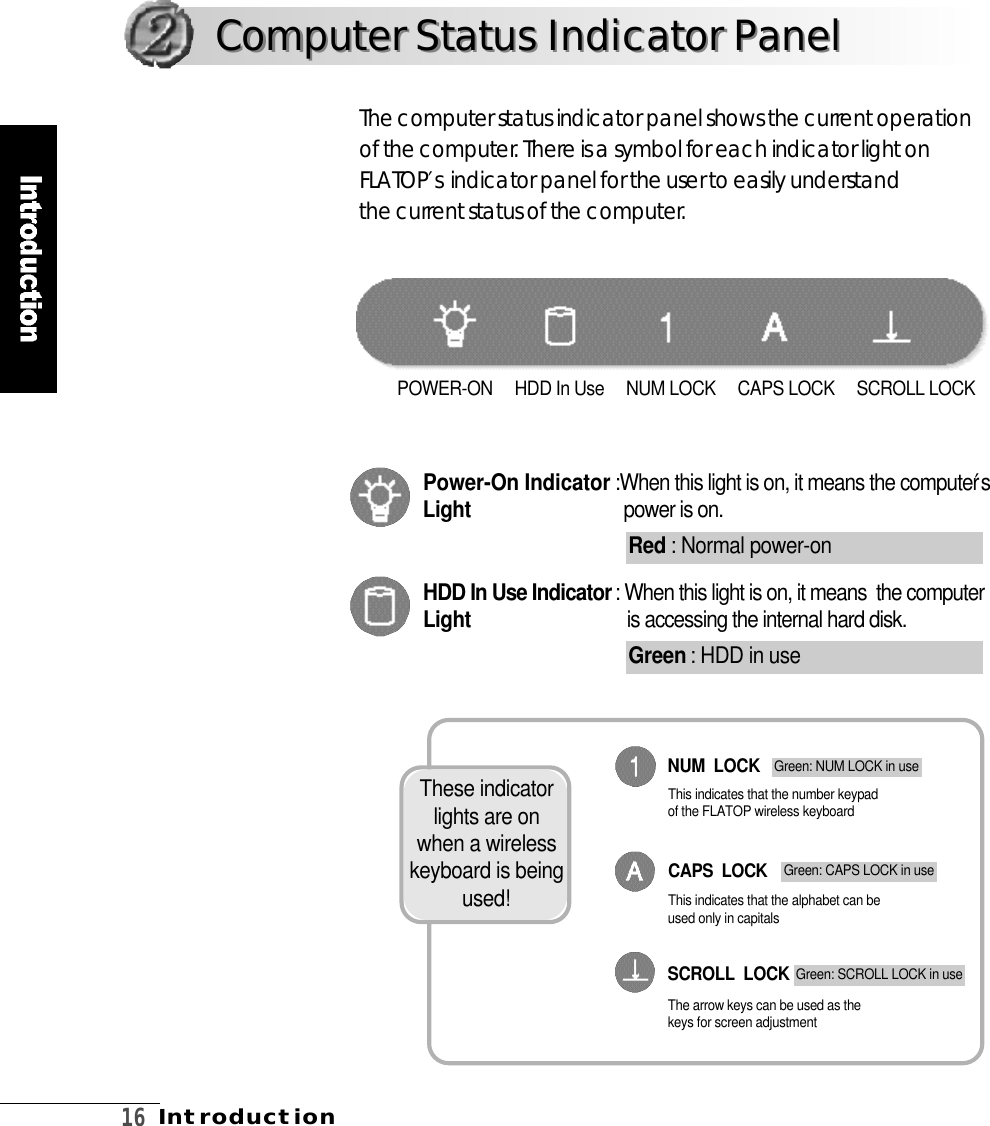 1 6I n t r o d u c t i o n:When this light is on, it means the computer′spower is on.: When this light is on, it means  the computeris accessing the internal hard disk.Power-On IndicatorL i g h tHDD In Use IndicatorL i g h tThese indicatorlights are onwhen a wirelesskeyboard is beingu s e d !The computer status indicator panel shows the current operationof the computer. There is a symbol for each indicator light onF L AT O P ′s indicator panel for the user to easily understand the current status of the computer.R e d : Normal power-onGreen : HDD in useGreen: NUM LOCK in useGreen: CAPS LOCK in useGreen: SCROLL LOCK in useComputer Status Indicator PanelComputer Status Indicator PanelNUM  LOCK CAPS  LOCKSCROLL  LOCKThis indicates that the number keypadof the FLATOP wireless keyboardThis indicates that the alphabet can beused only in capitalsThe arrow keys can be used as thekeys for screen adjustmentPOWER-ON     HDD In Use     NUM LOCK     CAPS LOCK     SCROLL LOCK