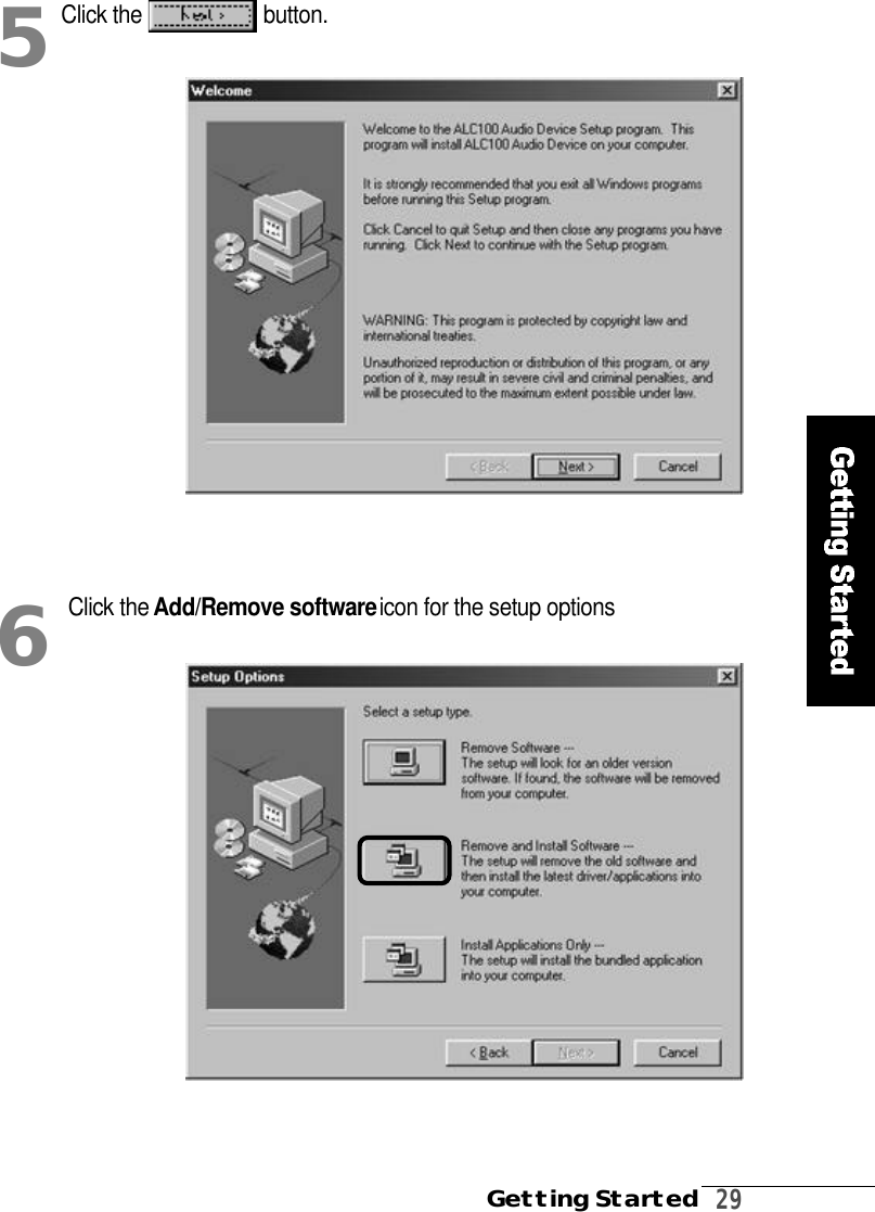 Getting Started2 9Click the  b u t t o n .5Click the Add/Remove softwareicon for the setup options6