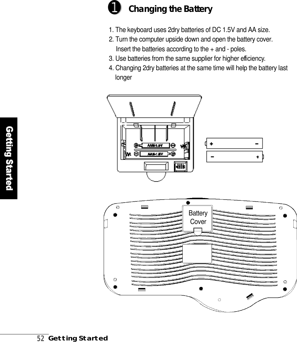 5 2Getting StartedBattery Inner B a t t e r yC o v e r➊➊Changing the Battery1. The keyboard uses 2dry batteries of DC 1.5V and AA size.2. Turn the computer upside down and open the battery cover. Insert the batteries according to the + and - poles.3. Use batteries from the same supplier for higher eff i c i e n c y.4. Changing 2dry batteries at the same time will help the battery lastl o n g e r