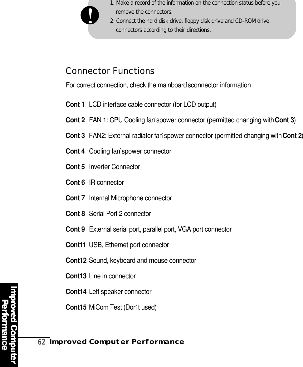 6 2Improved Computer PerformanceCont 1 LCD interface cable connector (for LCD output)Cont 2 FAN 1: CPU Cooling fan′spower connector (permitted changing with Cont 3)Cont 3 FAN2: External radiator fan′spower connector (permitted changing with Cont 2)Cont 4 Cooling fan′spower connectorCont 5 Inverter ConnectorCont 6 IR connectorCont 7 Internal Microphone connectorCont 8 Serial Port 2 connectorCont 9 External serial port, parallel port, VGA port connectorC o n t 11 USB, Ethernet port connectorC o n t 1 2 Sound, keyboard and mouse connectorC o n t 1 3 Line in connectorC o n t 1 4 Left speaker connectorC o n t 1 5 MiCom Test (Don′t used)For correct connection, check the mainboard′sconnector informationConnector Functions1. Make a record of the information on the connection status before youremove the connectors.2. Connect the hard disk drive, floppy disk drive and CD-ROM drive connectors according to their directions.!