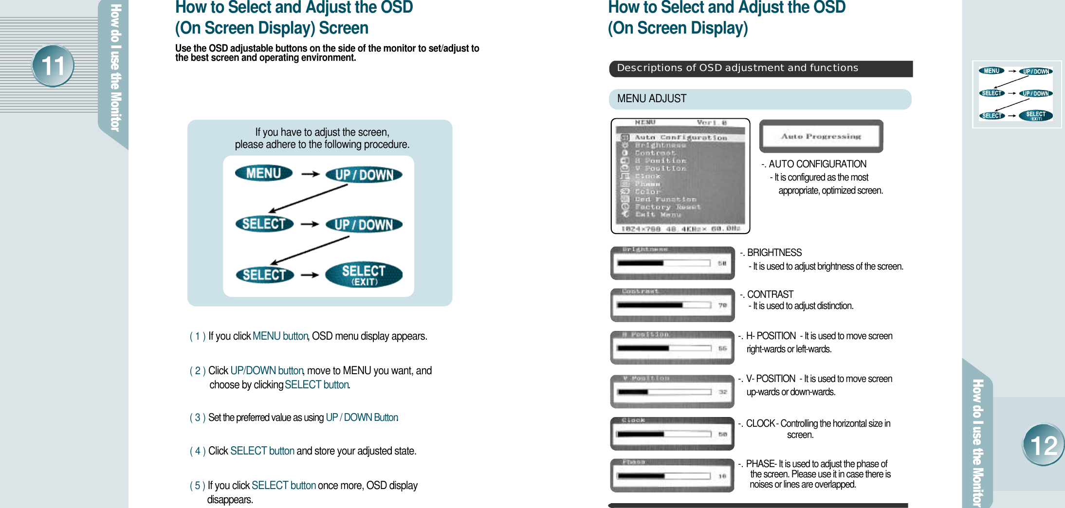 How to Select and Adjust the OSD(On Screen Display) ScreenUse the OSD adjustable buttons on the side of the monitor to set/adjust tothe best screen and operating environment.(1)If you click MENU button, OSD menu display appears.(2)Click UP/DOWN button, move to MENU you want, and    choose by clicking SELECT button.(3)Set the preferred value as using UP / DOWN Button.(4)Click SELECT buttonand store your adjusted state.(5)If you click SELECT buttononce more, OSD display d i s a p p e a r s .If you have to adjust the screen, please adhere to the following procedure.How to Select and Adjust the OSD (On Screen Display)MENU ADJUST Descriptions of OSD adjustment and functions-. CLOCK - Controlling the horizontal size in s c r e e n .-. P H A S E- It is used to adjust the phase of the screen. Please use it in case there is noises or lines are overlapped.-. B R I G H T N E S S- It is used to adjust brightness of the screen.-. C O N T R A S T- It is used to adjust distinction.-. H- POSITION- It is used to move screen right-wards or left-wards.-. V- POSITION- It is used to move screen up-wards or down-wards.-. AUTO C O N F I G U R A T I O N- It is configured as the most appropriate, optimized screen. 