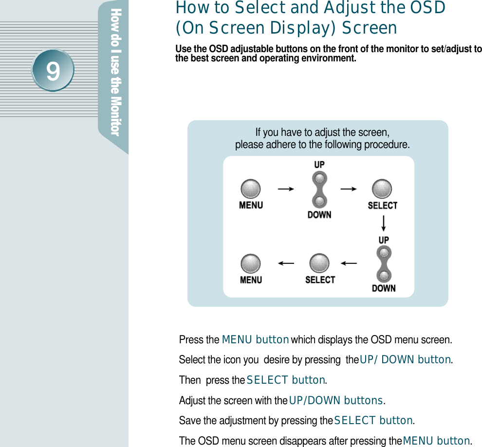 How to Select and Adjust the OSD(On Screen Display) ScreenUse the OSD adjustable buttons on the front of the monitor to set/adjust tothe best screen and operating environment.Press the MENU buttonwhich displays the OSD menu screen. Select the icon you  desire by pressing  the UP/ DOWN button. Then  press the SELECT button. Adjust the screen with the UP/DOWN buttons.Save the adjustment by pressing the SELECT button. The OSD menu screen disappears after pressing the MENU button.If you have to adjust the screen, please adhere to the following procedure.