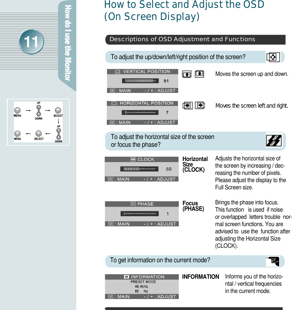 How to Select and Adjust the OSD (On Screen Display)To adjust the horizontal size of the screen or focus the phase? Adjusts the horizontal size ofthe screen by increasing / dec-reasing the number of pixels.Please adjust the display to theFull Screen size.Brings the phase into focus. This function   is used  if noise   or overlapped  letters trouble  nor-mal screen functions. You areadvised to  use the  function afteradjusting the Horizontal Size( C L O C K ) .To get information on the current mode?Informs you of the horizo-ntal / vertical frequencies in the current mode.I N F O R M A T I O NF o c u s( P H A S E )H o r i z o n t a lS i z e( C L O C K )Descriptions of OSD Adjustment and FunctionsMoves the screen up and down. Moves the screen left and right.To adjust the up/down/left/right position of the screen?