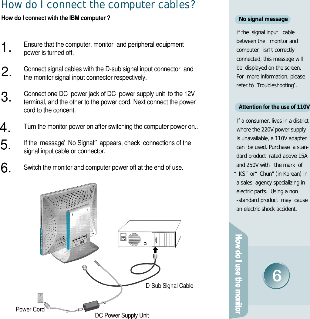No signal messageIf the  signal input   cablebetween the   monitor andcomputer   isn’t correctly connected, this message will be  displayed on the screen. For  more information, pleaserefer to ‘T r o u b l e s h o o t i n g’. Attention for the use of 110VIf a consumer, lives in a districtwhere the 220V power supplyis unavailable, a 110V adaptercan  be used. Purchase  a stan-dard product  rated above 15Aand 250V with   the mark  of“K S ”or  “C h u n ”(in Korean) ina sales  agency specializing inelectric parts.  Using a non-standard product  may  causean electric shock accident.How do I connect with the IBM computer ?How do I connect the computer cables?Ensure that the computer, monitor  and peripheral equipment power is turned off. Connect signal cables with the D-sub signal input connector  and the monitor signal input connector respectively.Connect one DC  power jack of DC  power supply unit  to the 12V terminal, and the other to the power cord. Next connect the power cord to the concent. Turn the monitor power on after switching the computer power on..If the  message “No Signal”appears, check  connections of the  signal input cable or connector.Switch the monitor and computer power off at the end of use.Power CordD-Sub Signal CableDC Power Supply Unit1 .2 .3 .4 .5 .6 .