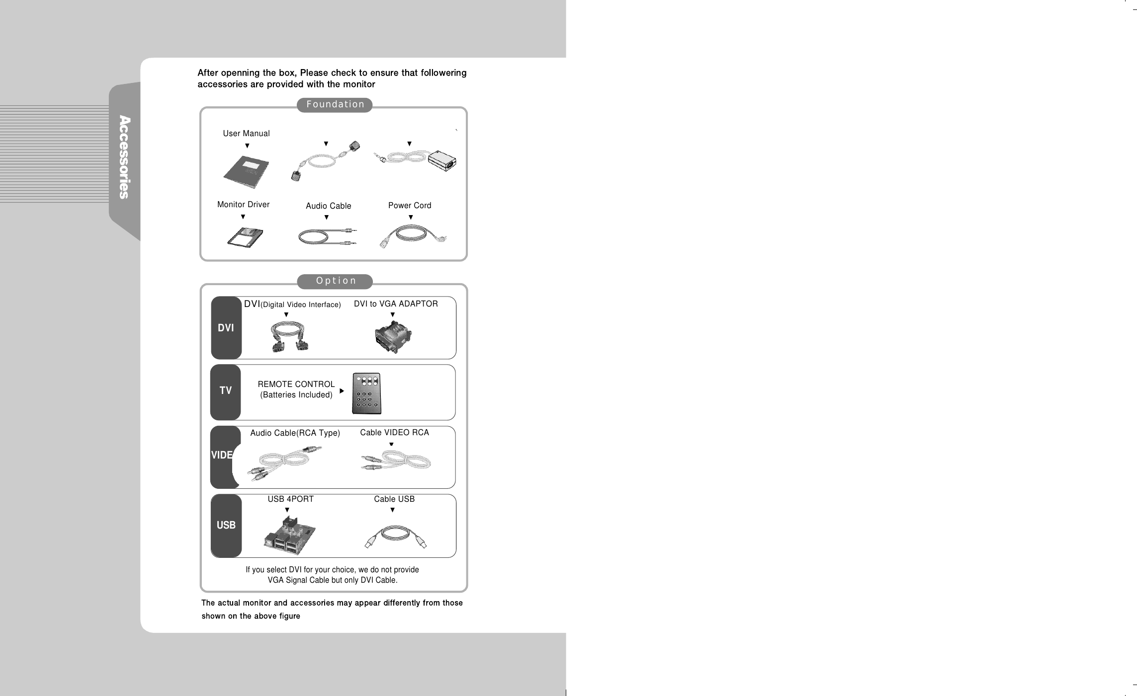 User ManualPower CordVGA Signal CableDC Power Supply UnitIf you select DVI for your choice, we do not provide VGA Signal Cable but only DVI Cable.▼Monitor Driver▼▼Audio Cable▼▼▼▼ ▼F o u n d a t i o nO p t i o nAudio Cable(RCA Type)USB 4PORT▼D V I(Digital Video Interface)▼Cable VIDEO RCA▼Cable USB▼DVI to VGA ADAPTORD V IREMOTE CONTROL(Batteries Included)V I D E OT VU S B