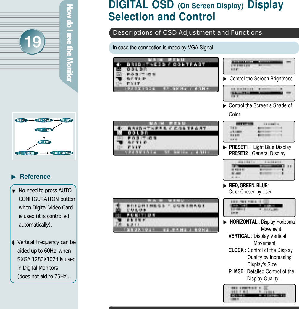 D I G I TAL OSD (On Screen Display) Display Selection and Control▶Control the Screen Brightness▶Control the Screen&apos;s Shade ofC o l o rIn case the connection is made by VGA SignalDescriptions of OSD Adjustment and Functions▶P R E S E T 1 :  Light Blue DisplayP R E S E T 2 : General Display ▶RED, GREEN, BLUE:Color Chosen by User▶H O R I Z O N T A L : Display HorizontalM o v e m e n tV E R T I C A L :Display VerticalM o v e m e n tC L O C K : Control of the DisplayQuality by IncreasingDisplay&apos;s SizeP H A S E :Detailed Control of theDisplay Quality.◈No need to press AUTOCONFIGURATION buttonwhen Digital Video Cardis used (it is controlleda u t o m a t i c a l l y ) .◈Vertical Frequency can beaided up to 60Hz  whenSXGA 1280X1024 is usedin Digital Monitors(does not aid to 75Hz).▶R e f e r e n c e