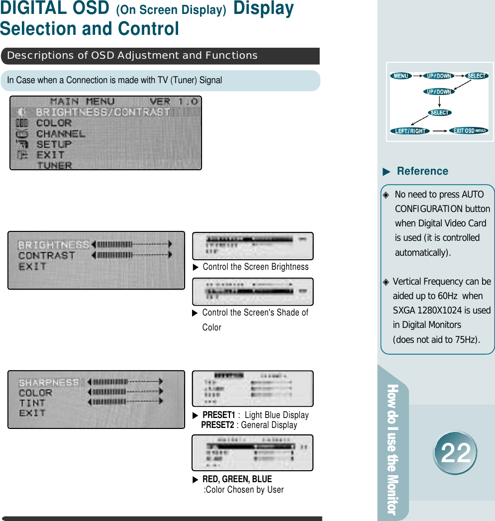 ◈No need to press AUTOCONFIGURATION buttonwhen Digital Video Cardis used (it is controlleda u t o m a t i c a l l y ) .◈Vertical Frequency can beaided up to 60Hz  whenSXGA 1280X1024 is usedin Digital Monitors(does not aid to 75Hz).▶R e f e r e n c eD I G I TAL OSD (On Screen Display) Display Selection and Control▶Control the Screen Brightness▶Control the Screen&apos;s Shade ofC o l o rIn Case when a Connection is made with TV (Tuner) SignalDescriptions of OSD Adjustment and Functions▶P R E S E T 1 :  Light Blue DisplayP R E S E T 2 : General Display ▶RED, GREEN, BLUE :Color Chosen by User