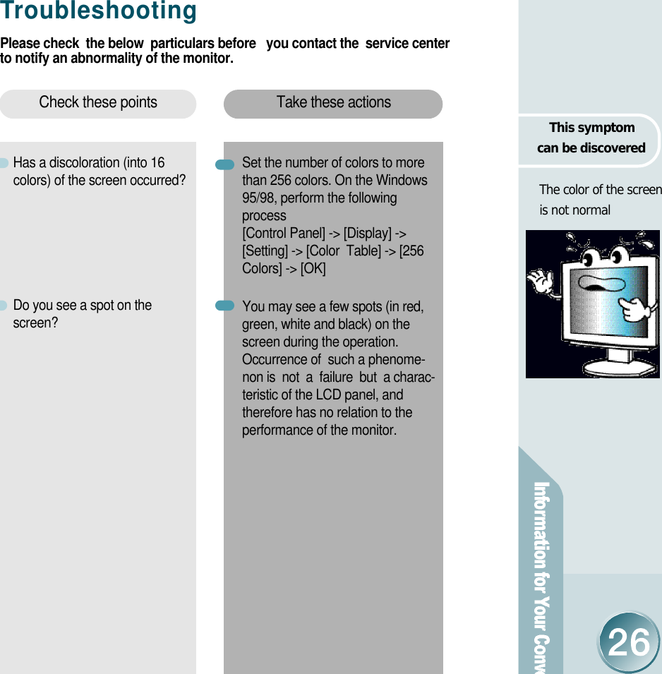 Tr o u b l e s h o o t i n gPlease check  the below  particulars before   you contact the  service centerto notify an abnormality of the monitor.Take these actionsCheck these pointsHas a discoloration (into 16colors) of the screen occurred?Do you see a spot on thes c r e e n ?Set the number of colors to more than 256 colors. On the Windows95/98, perform the followingprocess    [Control Panel] -&gt; [Display] -&gt;[Setting] -&gt; [Color  Table] -&gt; [256Colors] -&gt; [OK]You may see a few spots (in red,green, white and black) on thescreen during the operation.Occurrence of  such a phenome-non is  not  a  failure  but  a charac-teristic of the LCD panel, andtherefore has no relation to theperformance of the monitor. This symptom can be discoveredThe color of the screen is not normal