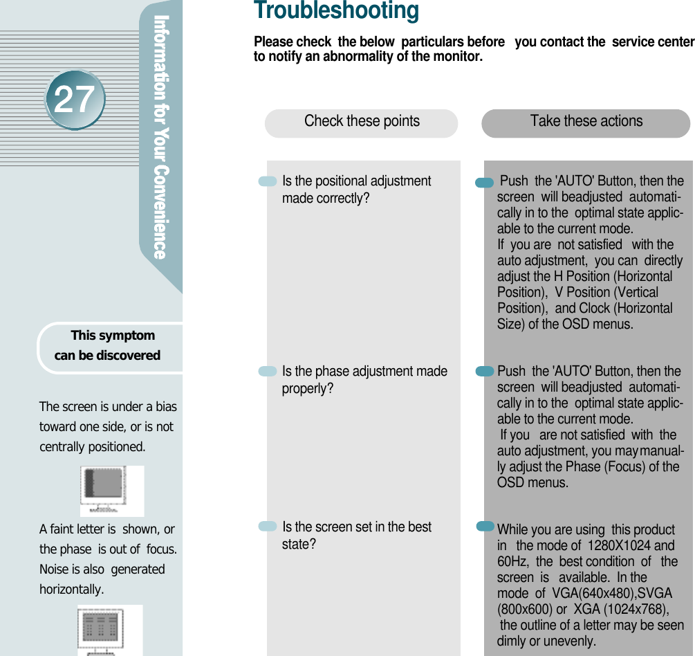 Tr o u b l e s h o o t i n gPlease check  the below  particulars before   you contact the  service centerto notify an abnormality of the monitor.Is the positional adjustmentmade correctly?   Is the phase adjustment madep r o p e r l y ?Is the screen set in the beststate? Push  the &apos;AUTO&apos; Button, then thescreen  will beadjusted  automati-cally in to the  optimal state applic-able to the current mode.If  you are  not satisfied   with theauto adjustment,  you can  directlyadjust the H Position (HorizontalPosition),  V Position (VerticalPosition),  and Clock (HorizontalSize) of the OSD menus. Push  the &apos;AUTO&apos; Button, then thescreen  will beadjusted  automati-cally in to the  optimal state applic-able to the current mode.If you   are not satisfied  with  theauto adjustment, you maym a n u a l-ly adjust the Phase (Focus) of theOSD menus.While you are using  this productin   the mode of  1280X1024 and60Hz,  the  best condition  of   the screen  is   available.  In themode  of  VGA(640x480),SVGA(800x600) or  XGA (1024x768),the outline of a letter may be seendimly or unevenly.Take these actionsCheck these pointsThe screen is under a biastoward one side, or is notcentrally positioned.A faint letter is  shown, or the phase  is out of  focus. Noise is also  generated horizontally. This symptom can be discovered