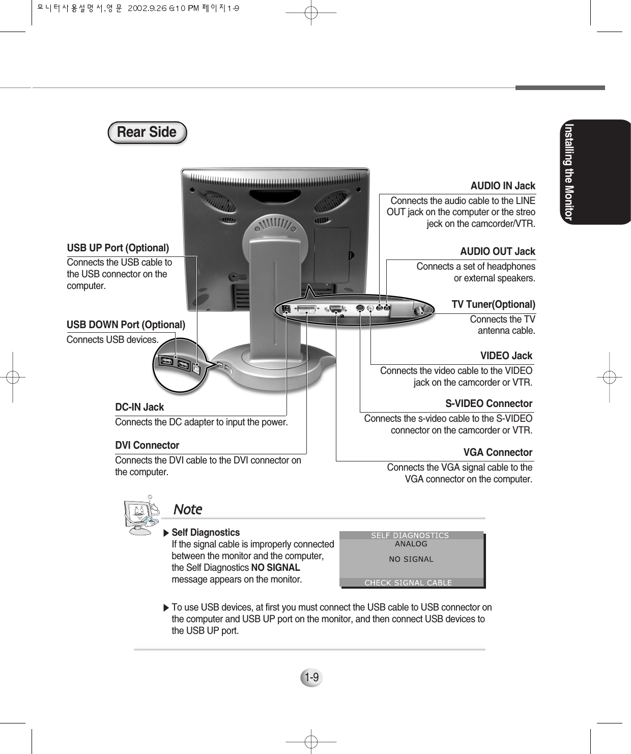 Installing the Monitor1-9▶Self DiagnosticsIf the signal cable is improperly connectedbetween the monitor and the computer,the Self Diagnostics NO SIGNALmessage appears on the monitor.▶To use USB devices, at first you must connect the USB cable to USB connector onthe computer and USB UP port on the monitor, and then connect USB devices tothe USB UP port.NNootteeUSB DOWN Port (Optional)Connects USB devices.TV Tuner(Optional)Connects the TVantenna cable.AUDIO OUT JackConnects a set of headphonesor external speakers.AUDIO IN JackConnects the audio cable to the LINEOUT jack on the computer or the streojeck on the camcorder/VTR.VIDEO JackConnects the video cable to the VIDEOjack on the camcorder or VTR.S-VIDEO ConnectorConnects the s-video cable to the S-VIDEO connector on the camcorder or VTR.VGA ConnectorConnects the VGA signal cable to theVGA connector on the computer.DC-IN JackConnects the DC adapter to input the power.DVI ConnectorConnects the DVI cable to the DVI connector onthe computer.USB UP Port (Optional)Connects the USB cable to the USB connector on thecomputer.Rear Side