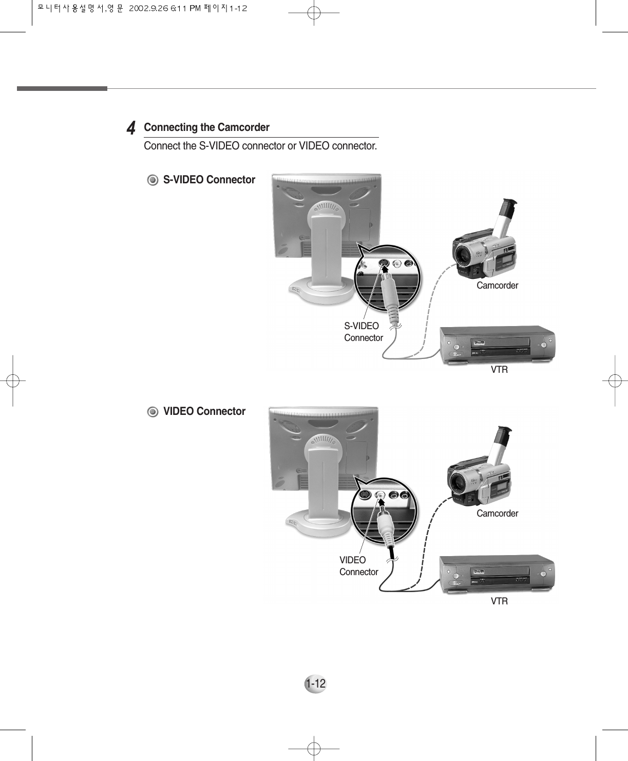 1-12Connecting the CamcorderConnect the S-VIDEO connector or VIDEO connector.4S-VIDEO ConnectorVIDEO ConnectorVIDEOConnectorCamcorderVTRCamcorderVTRS-VIDEOConnector