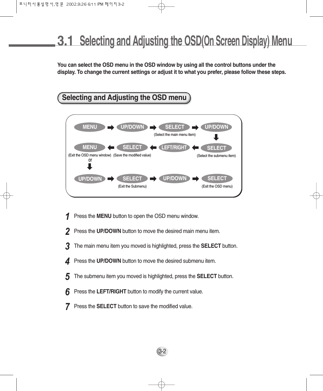 3.1  Selecting and Adjusting the OSD(On Screen Display)Menu3-2You can select the OSD menu in the OSD window by using all the control buttons under thedisplay. To change the current settings or adjust it to what you prefer, please follow these steps.Selecting and Adjusting the OSD menuPress the MENU button to open the OSD menu window.1Press the UP/DOWN button to move the desired main menu item.2The main menu item you moved is highlighted, press the SELECT button.3Press the UP/DOWN button to move the desired submenu item.4The submenu item you moved is highlighted, press the SELECT button.5Press the LEFT/RIGHT button to modify the current value.6Press the SELECT button to save the modified value.7󳃨󳃨󳃨MENU UP/DOWN SELECT(Select the main menu item)󳃨󳃨󳃨MENU(Exit the OSD menu window)SELECT(Save the modified value)󳃨SELECT(Exit the Submenu)󳃨UP/DOWN󳃨SELECT(Exit the OSD menu)LEFT/RIGHTUP/DOWNSELECT(Select the submenu item)󳃨UP/DOWN󳃨or