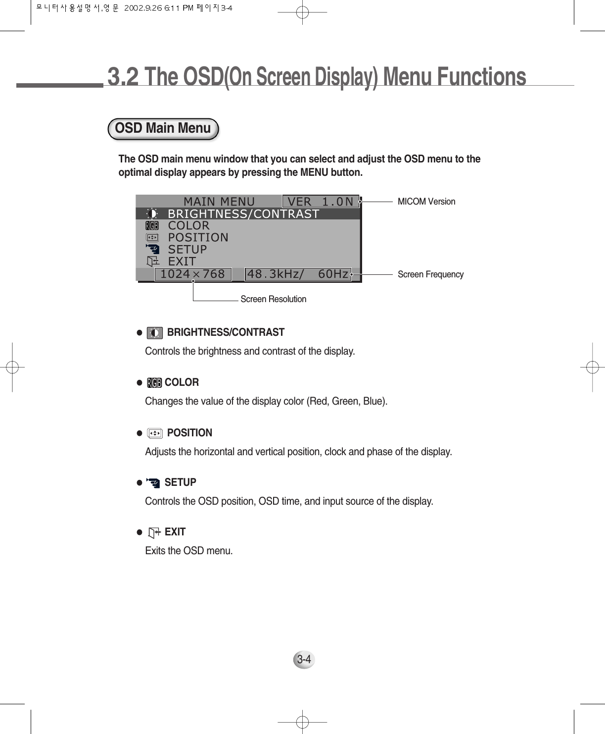 3.2 The OSD(On Screen Display)Menu Functions3-4OSD Main Menu●BRIGHTNESS/CONTRASTControls the brightness and contrast of the display.The OSD main menu window that you can select and adjust the OSD menu to theoptimal display appears by pressing the MENU button.●COLORChanges the value of the display color (Red, Green, Blue).●POSITIONAdjusts the horizontal and vertical position, clock and phase of the display.●SETUPControls the OSD position, OSD time, and input source of the display.●EXITExits the OSD menu.MICOM VersionScreen FrequencyScreen Resolution