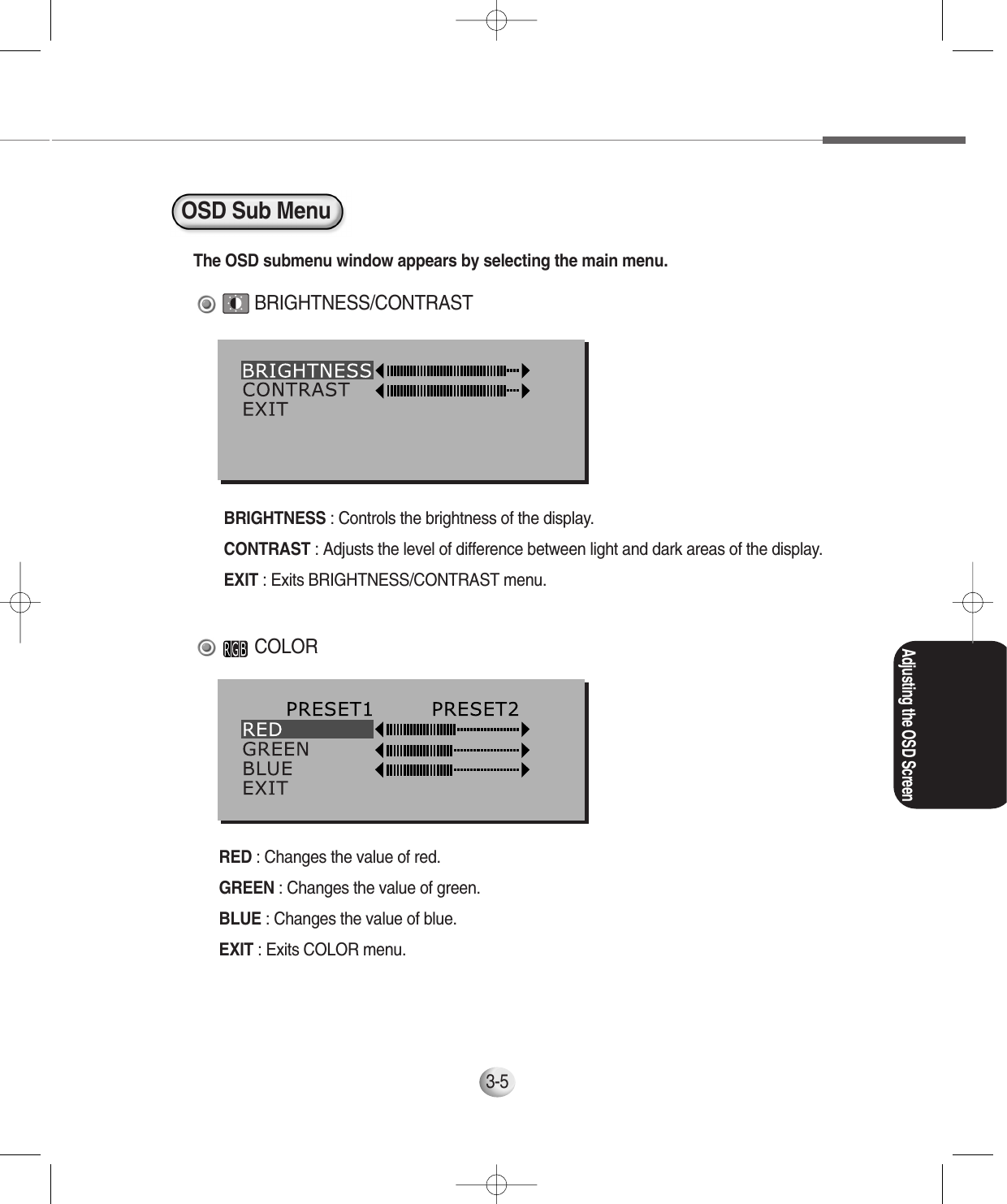 3-5The OSD submenu window appears by selecting the main menu.BRIGHTNESS : Controls the brightness of the display.CONTRAST : Adjusts the level of difference between light and dark areas of the display.EXIT : Exits BRIGHTNESS/CONTRAST menu.BRIGHTNESS/CONTRASTRED : Changes the value of red.GREEN : Changes the value of green.BLUE : Changes the value of blue.EXIT : Exits COLOR menu.COLOROSD Sub MenuAdjusting the OSD Screen