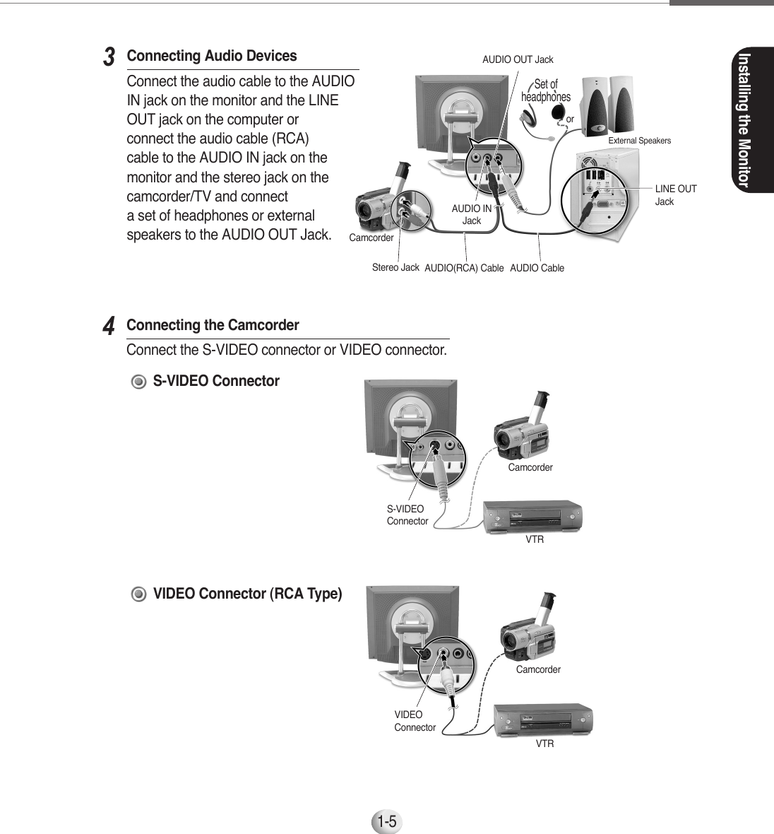 Installing the Monitor1-5Set ofheadphonesSet ofheadphonesSet ofheadphonesSet ofheadphonesSet ofheadphonesSet ofheadphonesSet ofheadphonesSet ofheadphonesSet ofheadphonesSet ofheadphonesSet ofheadphonesSet ofheadphonesSet ofheadphonesSet ofheadphonesSet ofheadphonesSet ofheadphonesSet ofheadphonesSet ofheadphonesSet ofheadphonesSet ofheadphonesSet ofheadphonesSet ofheadphonesExternal SpeakersorLINE OUTJackAUDIO INJackAUDIO OUT JackAUDIO CableStereo JackCamcorderAUDIO(RCA) Cable4S-VIDEO Connector3VIDEOConnectorVTRCamcorderS-VIDEOConnectorVTRCamcorderConnecting Audio DevicesConnect the audio cable to the AUDIO IN jack on the monitor and the LINEOUT jack on the computer or connect the audio cable (RCA) cable to the AUDIO IN jack on themonitor and the stereo jack on thecamcorder/TV and connect a set of headphones or external speakers to the AUDIO OUT Jack.Connecting the CamcorderConnect the S-VIDEO connector or VIDEO connector.VIDEO Connector (RCA Type)