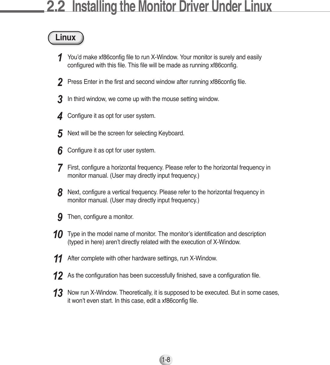 2.2  Installing the Monitor Driver Under Linux1-8LinuxYou’d make xf86config file to run X-Window. Your monitor is surely and easilyconfigured with this file. This file will be made as running xf86config.1Press Enter in the first and second window after running xf86config file.2In third window, we come up with the mouse setting window.3Configure it as opt for user system.4Next will be the screen for selecting Keyboard.5Configure it as opt for user system.6First, configure a horizontal frequency. Please refer to the horizontal frequency inmonitor manual. (User may directly input frequency.)7Next, configure a vertical frequency. Please refer to the horizontal frequency inmonitor manual. (User may directly input frequency.)8Then, configure a monitor.9Type in the model name of monitor. The monitor’s identification and description(typed in here) aren’t directly related with the execution of X-Window.10After complete with other hardware settings, run X-Window.11As the configuration has been successfully finished, save a configuration file.12Now run X-Window. Theoretically, it is supposed to be executed. But in some cases,it won’t even start. In this case, edit a xf86config file.13