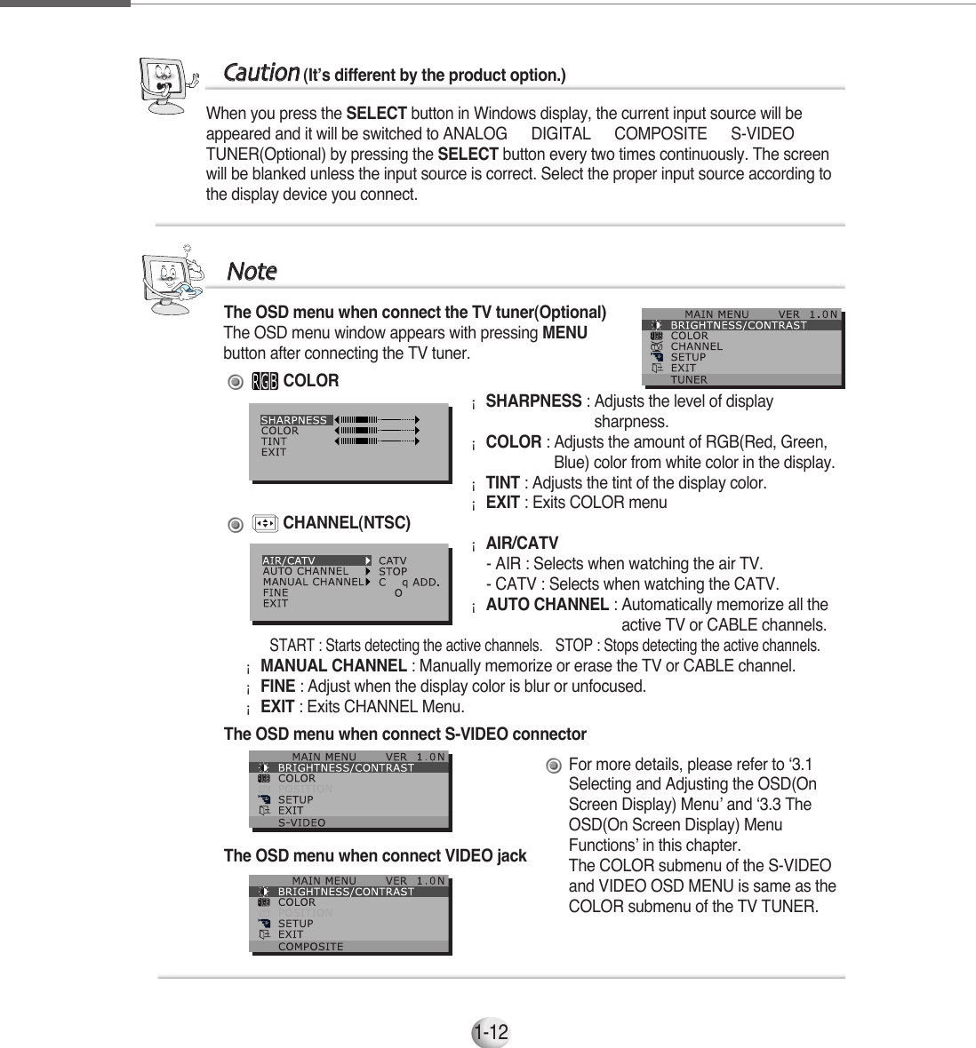 1-12When you press the SELECT button in Windows display, the current input source will beappeared and it will be switched to ANALOG ▶DIGITAL ▶COMPOSITE ▶S-VIDEO ▶TUNER(Optional) by pressing the SELECT button every two times continuously. The screenwill be blanked unless the input source is correct. Select the proper input source according tothe display device you connect.CCaauuttiioonn(It’s different by the product option.)▶The OSD menu when connect the TV tuner(Optional)The OSD menu window appears with pressing MENU button after connecting the TV tuner.COLOR¡SHARPNESS : Adjusts the level of displaysharpness.¡COLOR : Adjusts the amount of RGB(Red, Green,Blue) color from white color in the display. ¡TINT : Adjusts the tint of the display color.¡EXIT : Exits COLOR menuCHANNEL(NTSC)¡AIR/CATV- AIR : Selects when watching the air TV.- CATV : Selects when watching the CATV.¡AUTO CHANNEL : Automatically memorize all theactive TV or CABLE channels.-  START : Starts detecting the active channels. -  STOP : Stops detecting the active channels.¡MANUAL CHANNEL : Manually memorize or erase the TV or CABLE channel.¡FINE : Adjust when the display color is blur or unfocused.¡EXIT : Exits CHANNEL Menu.▶The OSD menu when connect S-VIDEO connector▶The OSD menu when connect VIDEO jackNNootteeFor more details, please refer to ‘3.1Selecting and Adjusting the OSD(OnScreen Display) Menu’ and ‘3.3 TheOSD(On Screen Display) MenuFunctions’ in this chapter.The COLOR submenu of the S-VIDEOand VIDEO OSD MENU is same as theCOLOR submenu of the TV TUNER.