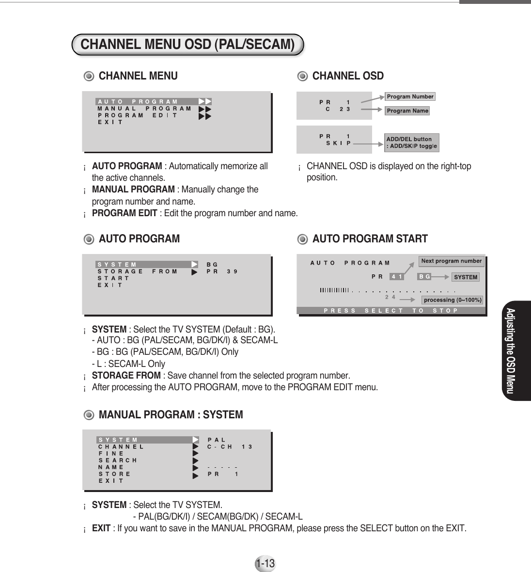 Adjusting the OSD Menu1-13CHANNEL MENU OSD (PAL/SECAM)¡AUTO PROGRAM : Automatically memorize all the active channels.¡MANUAL PROGRAM : Manually change the program number and name.¡PROGRAM EDIT : Edit the program number and name.     ¡CHANNEL OSD is displayed on the right-topposition.CHANNEL MENU CHANNEL OSD¡SYSTEM : Select the TV SYSTEM (Default : BG).    - AUTO : BG (PAL/SECAM, BG/DK/I) &amp; SECAM-L    - BG : BG (PAL/SECAM, BG/DK/I) Only    - L : SECAM-L Only¡STORAGE FROM : Save channel from the selected program number.     ¡After processing the AUTO PROGRAM, move to the PROGRAM EDIT menu.   AUTO PROGRAM¡SYSTEM : Select the TV SYSTEM.      - PAL(BG/DK/I) / SECAM(BG/DK) / SECAM-L¡EXIT : If you want to save in the MANUAL PROGRAM, please press the SELECT button on the EXIT.          MANUAL PROGRAM : SYSTEMAUTO PROGRAM START