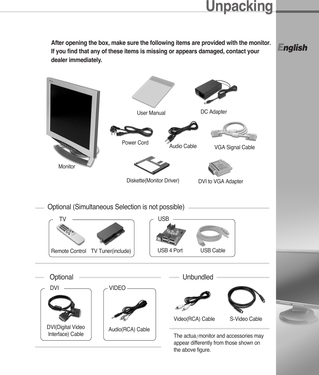 EnglishUnpackingAfter opening the box, make sure the following items are provided with the monitor.If you find that any of these items is missing or appears damaged, contact yourdealer immediately.Optional (Simultaneous Selection is not possible)Monitor*  The actua monitor and accessories mayappear differently from those shown onthe above figure.UnbundledVideo(RCA) Cable S-Video CableUSB 4 PortRemote ControlTV USBTV Tuner(include) USB CableDC AdapterVGA Signal CableAudio CableDiskette(Monitor Driver) DVI to VGA AdapterUser ManualPower CordDVIDVI(Digital VideoInterface) CableVIDEOAudio(RCA) CableOptional