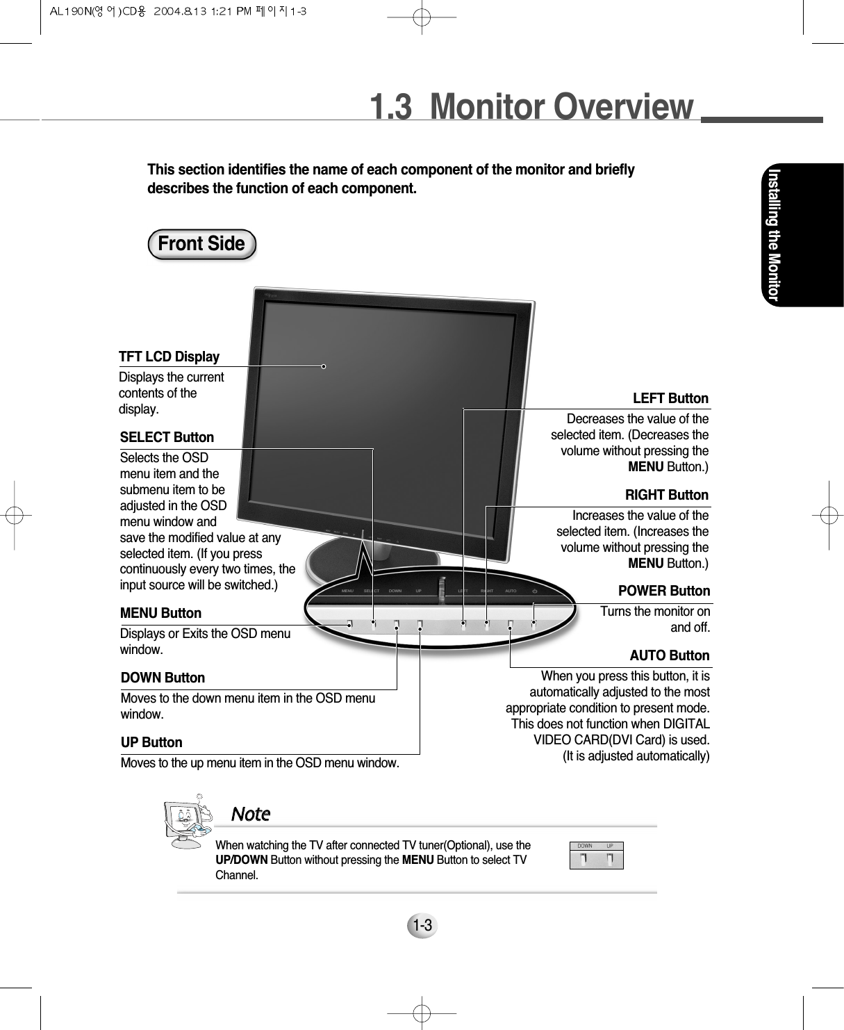 1.3  Monitor OverviewInstalling the Monitor1-3This section identifies the name of each component of the monitor and brieflydescribes the function of each component. Front SideMENU ButtonDisplays or Exits the OSD menuwindow.POWER ButtonTurns the monitor onand off.SELECT ButtonSelects the OSD menu item and the submenu item to be adjusted in the OSD menu window and save the modified value at anyselected item. (If you presscontinuously every two times, theinput source will be switched.)RIGHT ButtonIncreases the value of theselected item. (Increases thevolume without pressing theMENU Button.)LEFT ButtonDecreases the value of theselected item. (Decreases thevolume without pressing theMENU Button.)AUTO ButtonWhen you press this button, it isautomatically adjusted to the mostappropriate condition to present mode.This does not function when DIGITALVIDEO CARD(DVI Card) is used. (It is adjusted automatically)DOWN ButtonMoves to the down menu item in the OSD menuwindow.UP ButtonMoves to the up menu item in the OSD menu window.TFT LCD DisplayDisplays the currentcontents of thedisplay.When watching the TV after connected TV tuner(Optional), use the UP/DOWN Button without pressing the MENU Button to select TVChannel.NNoottee