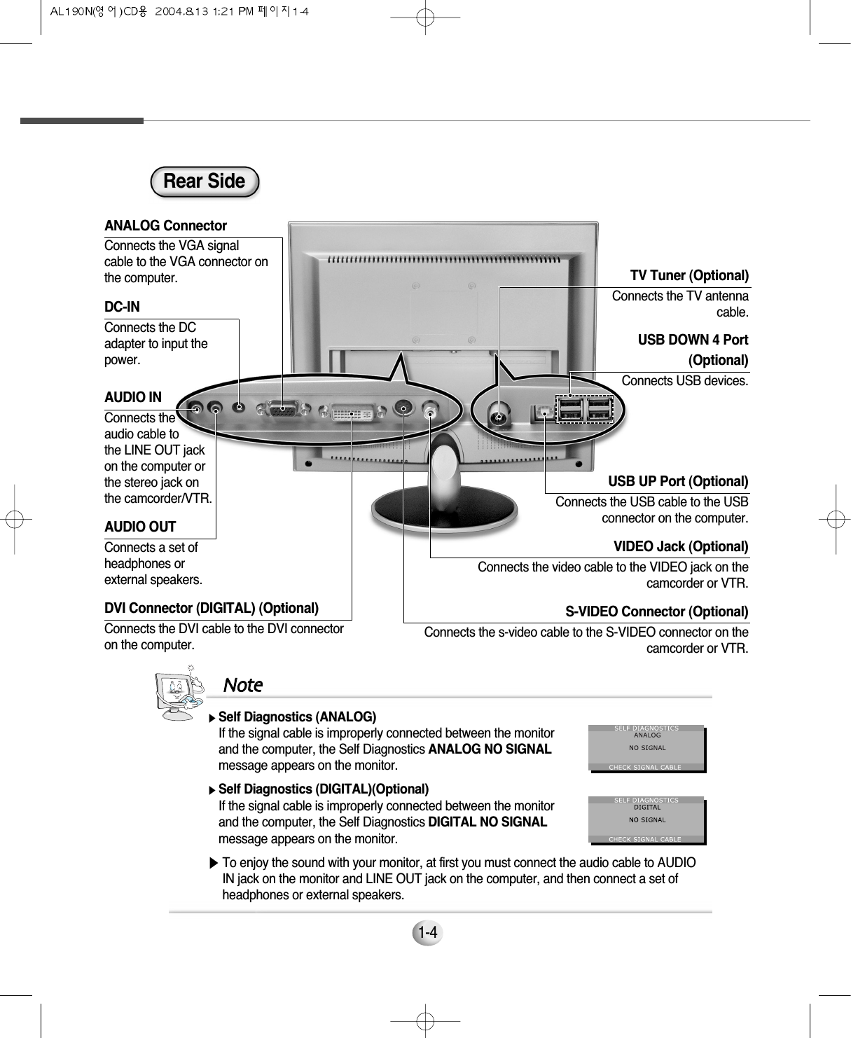 1-4Rear SideUSB DOWN 4 Port (Optional)Connects USB devices.USB UP Port (Optional)Connects the USB cable to the USBconnector on the computer.TV Tuner (Optional)Connects the TV antennacable.AUDIO OUTConnects a set of headphones or external speakers.DVI Connector (DIGITAL) (Optional)Connects the DVI cable to the DVI connectoron the computer.DC-INConnects the DCadapter to input thepower.AUDIO INConnects the audio cable to the LINE OUT jackon the computer orthe stereo jack onthe camcorder/VTR.VIDEO Jack (Optional)Connects the video cable to the VIDEO jack on thecamcorder or VTR.S-VIDEO Connector (Optional)Connects the s-video cable to the S-VIDEO connector on thecamcorder or VTR.ANALOG ConnectorConnects the VGA signalcable to the VGA connector onthe computer.▶Self Diagnostics (DIGITAL)(Optional)If the signal cable is improperly connected between the monitorand the computer, the Self Diagnostics DIGITAL NO SIGNALmessage appears on the monitor.▶Self Diagnostics (ANALOG)If the signal cable is improperly connected between the monitorand the computer, the Self Diagnostics ANALOG NO SIGNALmessage appears on the monitor.NNoottee▶To enjoy the sound with your monitor, at first you must connect the audio cable to AUDIOIN jack on the monitor and LINE OUT jack on the computer, and then connect a set ofheadphones or external speakers.