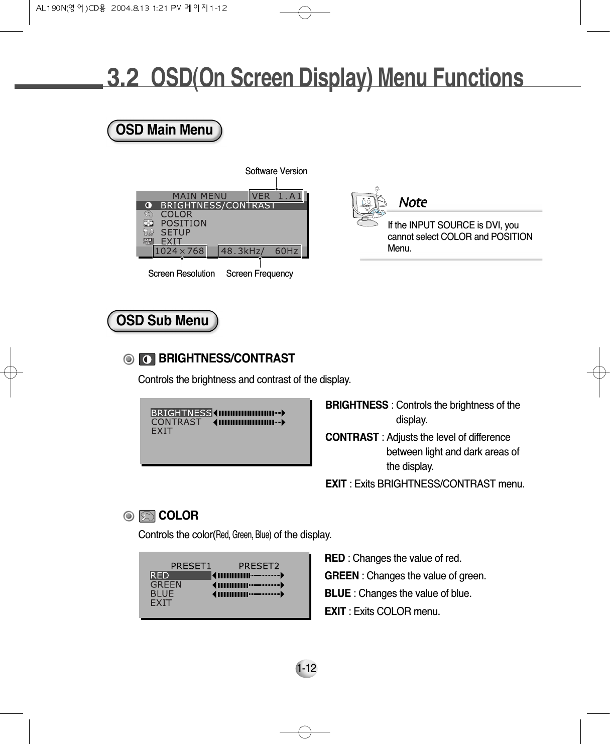 3.2  OSD(On Screen Display) Menu Functions1-12OSD Main MenuOSD Sub MenuSoftware VersionScreen Resolution Screen FrequencyBRIGHTNESS : Controls the brightness of thedisplay.CONTRAST : Adjusts the level of differencebetween light and dark areas ofthe display.EXIT : Exits BRIGHTNESS/CONTRAST menu.BRIGHTNESS/CONTRASTRED : Changes the value of red.GREEN : Changes the value of green.BLUE : Changes the value of blue.EXIT : Exits COLOR menu.COLORControls the color(Red, Green, Blue)of the display.Controls the brightness and contrast of the display.If the INPUT SOURCE is DVI, youcannot select COLOR and POSITIONMenu.NNoottee