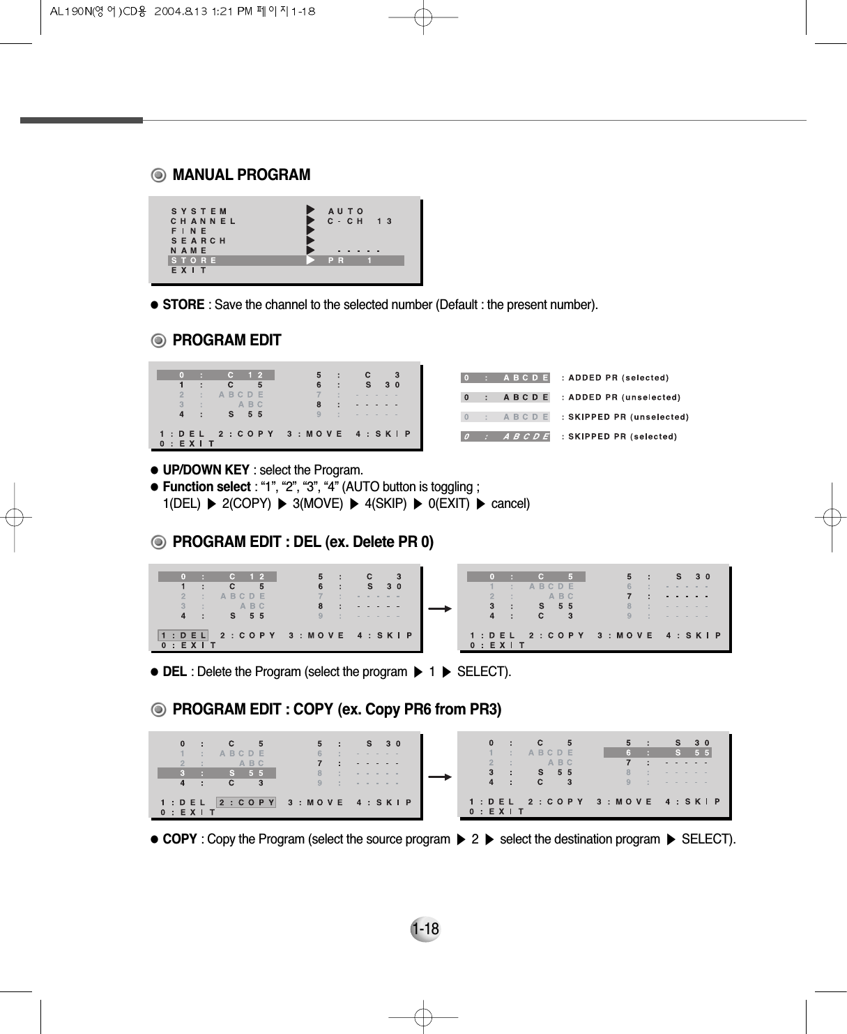 1-18●STORE : Save the channel to the selected number (Default : the present number).          MANUAL PROGRAM●UP/DOWN KEY : select the Program.●Function select : “1”, “2”, “3”, “4” (AUTO button is toggling ; 1(DEL) ▶2(COPY) ▶3(MOVE) ▶4(SKIP) ▶0(EXIT) ▶cancel)                    PROGRAM EDIT                                    PROGRAM EDIT : DEL (ex. Delete PR 0)●DEL : Delete the Program (select the program ▶1▶SELECT).                                     PROGRAM EDIT : COPY (ex. Copy PR6 from PR3)●COPY : Copy the Program (select the source program ▶2▶select the destination program ▶SELECT).