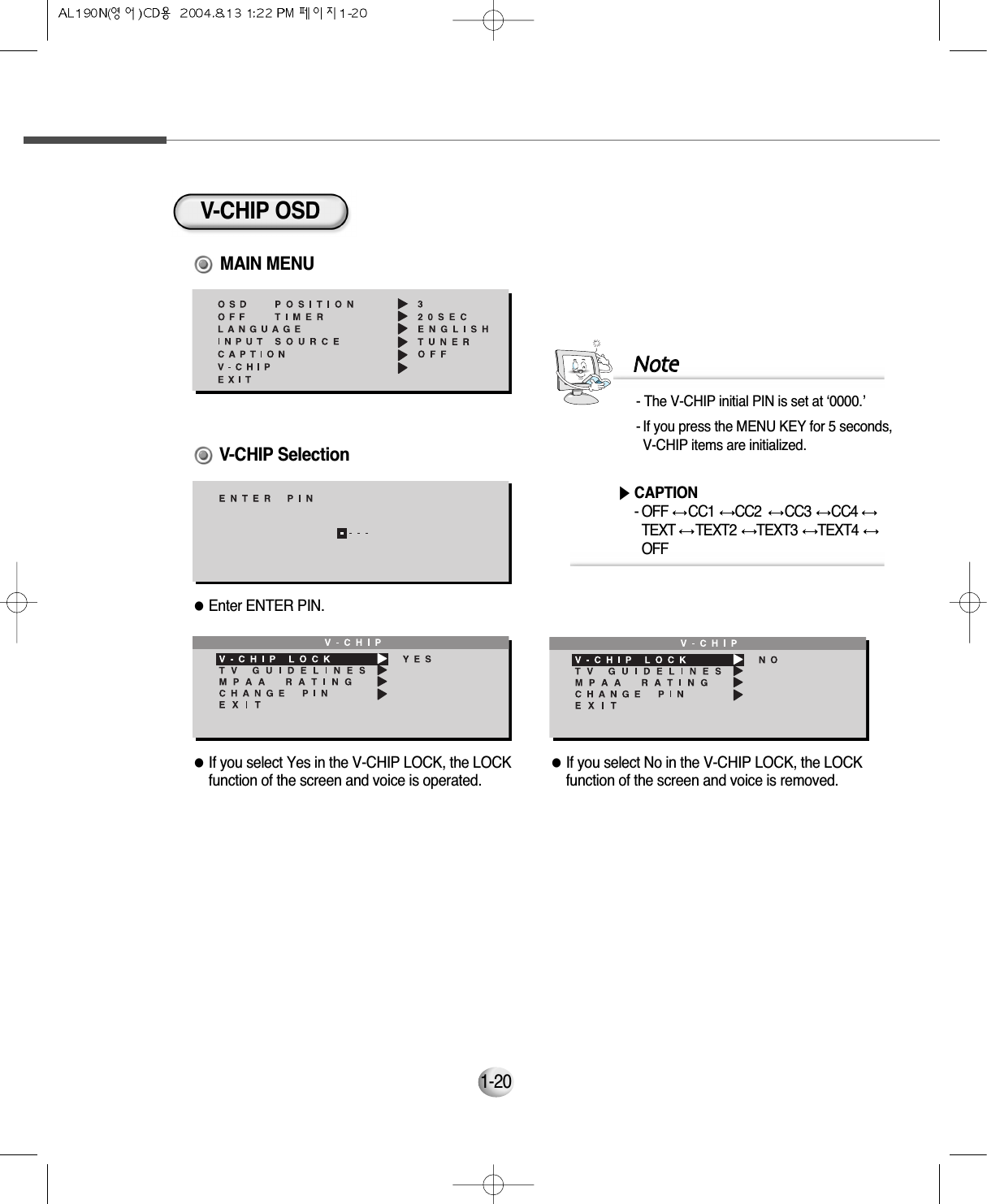 1-20V-CHIP OSD MAIN MENU●Enter ENTER PIN.V-CHIP Selection●If you select Yes in the V-CHIP LOCK, the LOCKfunction of the screen and voice is operated.●If you select No in the V-CHIP LOCK, the LOCKfunction of the screen and voice is removed.     - The V-CHIP initial PIN is set at ‘0000.’- If you press the MENU KEY for 5 seconds,V-CHIP items are initialized.NNoottee▶CAPTION- OFF  CC1  CC2   CC3  CC4 TEXT  TEXT2  TEXT3  TEXT4 OFF