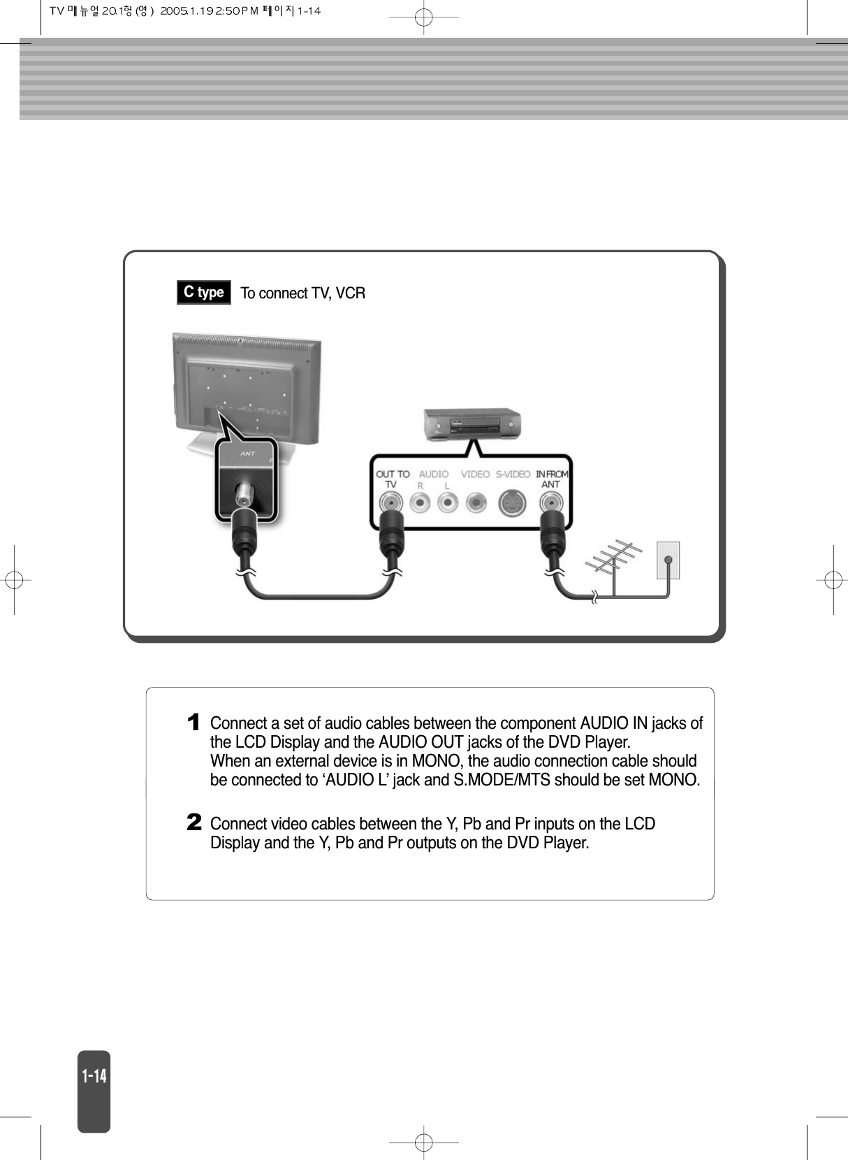 1Connect a set of audio cables between the component AUDIO IN jacks ofthe LCD Display and the AUDIO OUT jacks of the DVD Player.When an external device is in MONO, the audio connection cable shouldbe connected to ‘AUDIO L’ jack and S.MODE/MTS should be set MONO.2Connect video cables between the Y, Pb and Pr inputs on the LCDDisplay and the Y, Pb and Pr outputs on the DVD Player.C type To connect TV, VCR