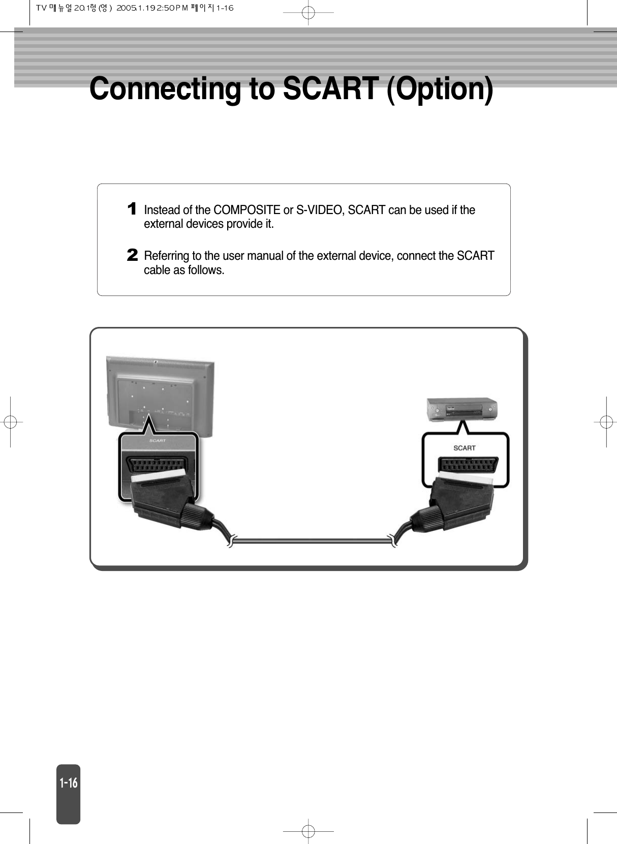 Connecting to SCART (Option)1Instead of the COMPOSITE or S-VIDEO, SCART can be used if theexternal devices provide it.2Referring to the user manual of the external device, connect the SCARTcable as follows.