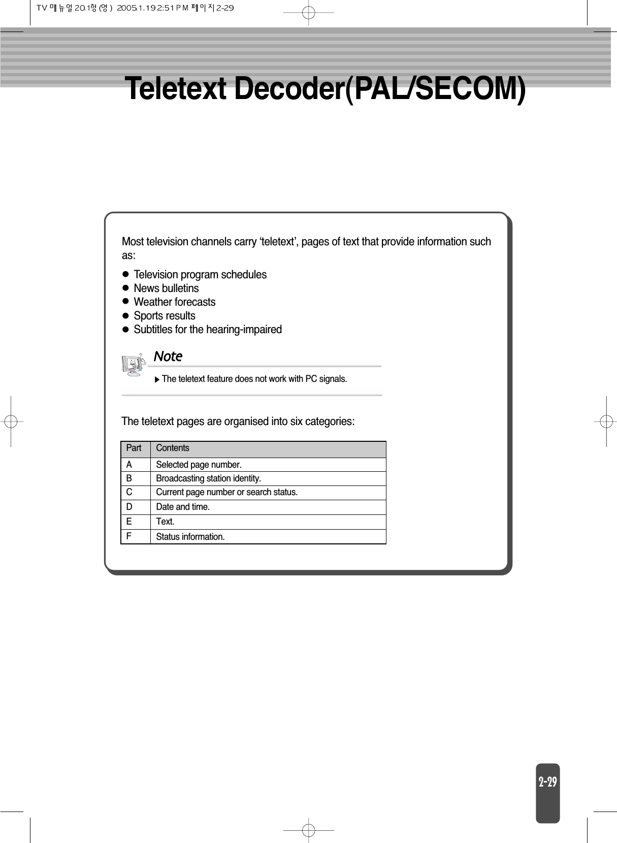 Teletext Decoder(PAL/SECOM)Most television channels carry ‘teletext’, pages of text that provide information suchas:Television program schedulesNews bulletinsWeather forecastsSports resultsSubtitles for the hearing-impairedThe teletext pages are organised into six categories:NoteThe teletext feature does not work with PC signals.Part ContentsABCDEFBroadcasting station identity.Current page number or search status.Date and time.Text.Status information.Selected page number.