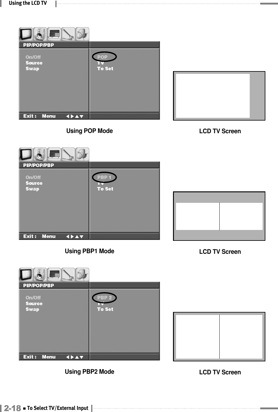 Using the LCD TVUsing POP ModeUsing PBP1 ModeLCD TV ScreenLCD TV ScreenUsing PBP2 Mode LCD TV Screen2-18 To Select TV/External Input