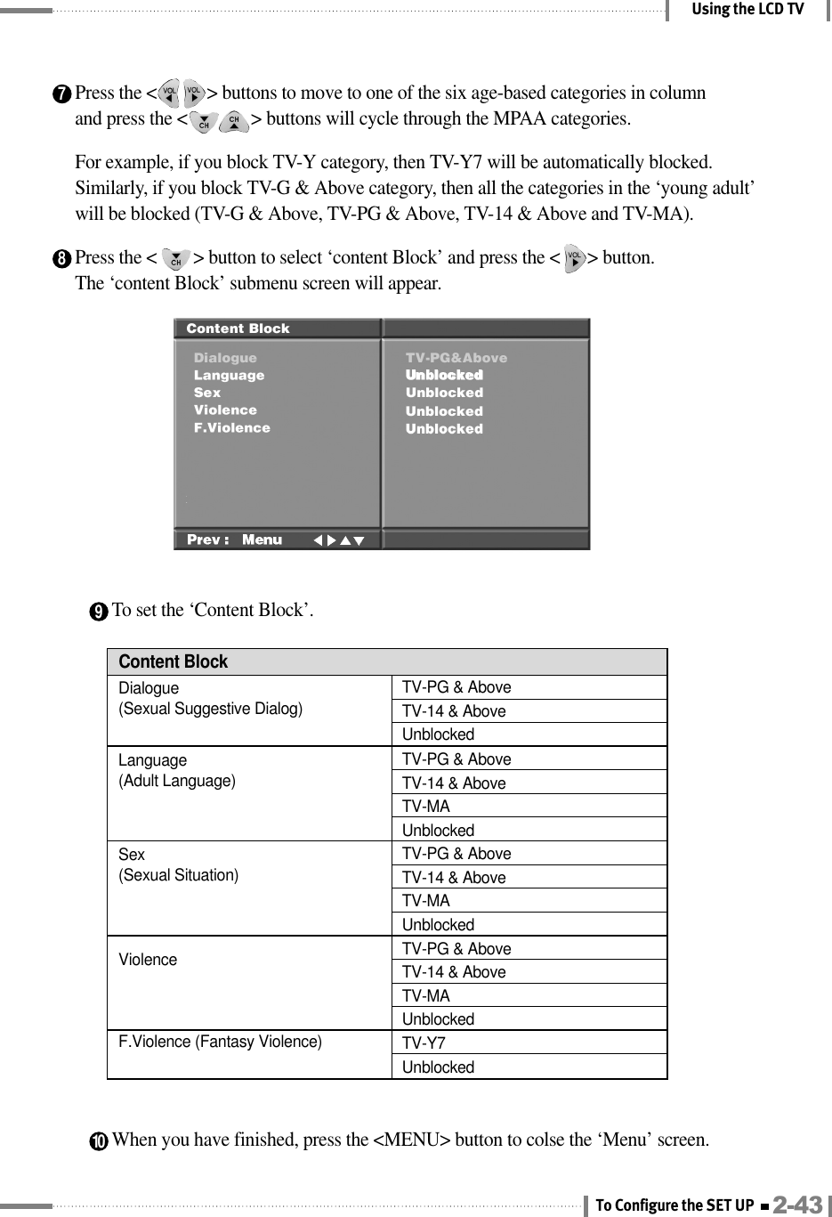 To set the ‘Content Block’.Using the LCD TV9When you have finished, press the &lt;MENU&gt; button to colse the ‘Menu’ screen.107Press the &lt;           &gt; buttons to move to one of the six age-based categories in columnand press the &lt;              &gt; buttons will cycle through the MPAA categories.For example, if you block TV-Y category, then TV-Y7 will be automatically blocked.Similarly, if you block TV-G &amp; Above category, then all the categories in the ‘young adult’will be blocked (TV-G &amp; Above, TV-PG &amp; Above, TV-14 &amp; Above and TV-MA).8Press the &lt;        &gt; button to select ‘content Block’ and press the &lt;      &gt; button. The ‘content Block’ submenu screen will appear.Content BlockTV-PG &amp; AboveDialogue (Sexual Suggestive Dialog)TV-PG &amp; AboveLanguage (Adult Language)TV-14 &amp; AboveUnblockedTV-14 &amp; AboveTV-MAUnblockedTV-PG &amp; AboveSex (Sexual Situation) TV-14 &amp; AboveTV-MAUnblockedTV-PG &amp; AboveViolence TV-14 &amp; AboveTV-MAUnblockedTV-Y7F.Violence (Fantasy Violence)Unblocked2-43To Configure the SET UP