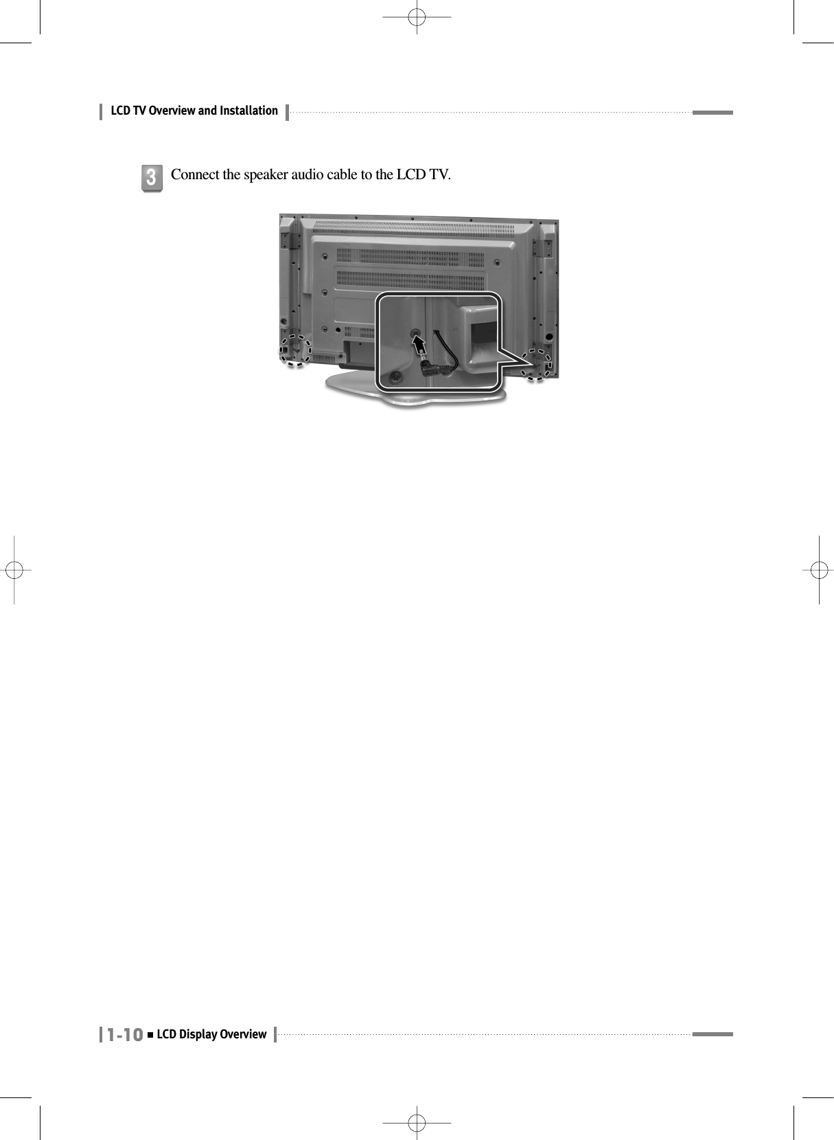 LCD TV Overview and Installation1-10LCD Display OverviewConnect the speaker audio cable to the LCD TV.3