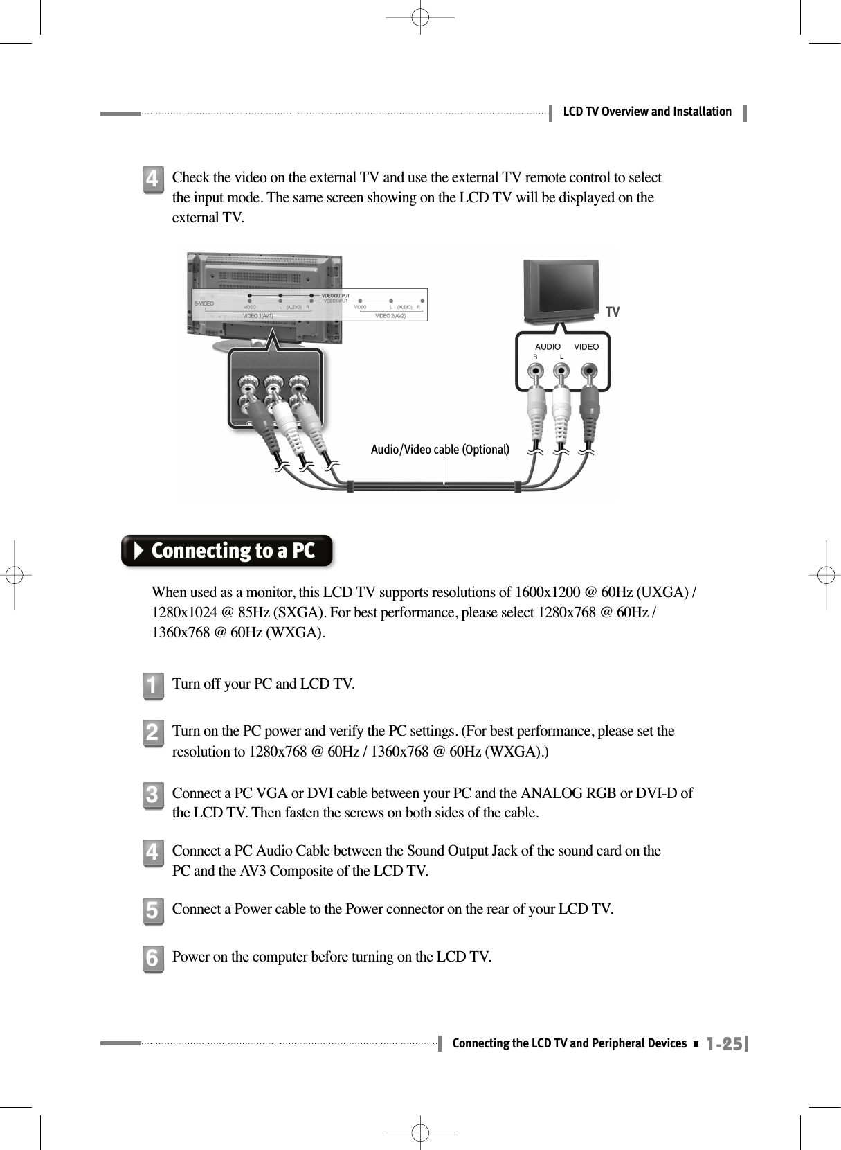 1-25Connecting the LCD TV and Peripheral DevicesLCD TV Overview and InstallationConnecting to a PCWhen used as a monitor, this LCD TV supports resolutions of 1600x1200 @ 60Hz (UXGA) /1280x1024 @ 85Hz (SXGA). For best performance, please select 1280x768 @ 60Hz /1360x768 @ 60Hz (WXGA).Turn off your PC and LCD TV.1Turn on the PC power and verify the PC settings. (For best performance, please set theresolution to 1280x768 @ 60Hz / 1360x768 @ 60Hz (WXGA).)2Connect a PC VGA or DVI cable between your PC and the ANALOG RGB or DVI-D ofthe LCD TV. Then fasten the screws on both sides of the cable.3Connect a PC Audio Cable between the Sound Output Jack of the sound card on thePC and the AV3 Composite of the LCD TV.4Connect a Power cable to the Power connector on the rear of your LCD TV. 5Audio/Video cable (Optional)TVCheck the video on the external TV and use the external TV remote control to selectthe input mode. The same screen showing on the LCD TV will be displayed on theexternal TV.4Power on the computer before turning on the LCD TV.6