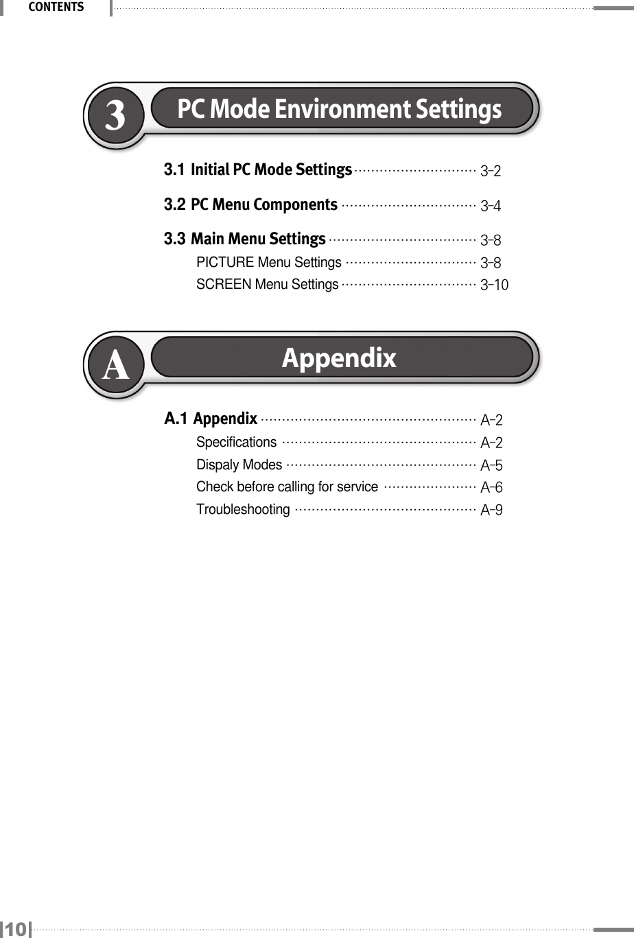 CONTENTSA.1 Appendix₩₩₩₩₩₩₩₩₩₩₩₩₩₩₩₩₩₩₩₩₩₩₩₩₩₩₩₩₩₩₩₩₩₩₩₩₩₩₩₩₩₩₩₩₩₩₩₩₩₩₩ A-2Specifications₩₩₩₩₩₩₩₩₩₩₩₩₩₩₩₩₩₩₩₩₩₩₩₩₩₩₩₩₩₩₩₩₩₩₩₩₩₩₩₩₩₩₩₩₩₩ A-2Dispaly Modes₩₩₩₩₩₩₩₩₩₩₩₩₩₩₩₩₩₩₩₩₩₩₩₩₩₩₩₩₩₩₩₩₩₩₩₩₩₩₩₩₩₩₩₩₩ A-5Check before calling for service₩₩₩₩₩₩₩₩₩₩₩₩₩₩₩₩₩₩₩₩₩₩ A-6Troubleshooting₩₩₩₩₩₩₩₩₩₩₩₩₩₩₩₩₩₩₩₩₩₩₩₩₩₩₩₩₩₩₩₩₩₩₩₩₩₩₩₩₩₩₩ A-9AppendixA3.1 Initial PC Mode Settings₩₩₩₩₩₩₩₩₩₩₩₩₩₩₩₩₩₩₩₩₩₩₩₩₩₩₩₩₩ 3-23.2 PC Menu Components₩₩₩₩₩₩₩₩₩₩₩₩₩₩₩₩₩₩₩₩₩₩₩₩₩₩₩₩₩₩₩₩ 3-43.3 Main Menu Settings₩₩₩₩₩₩₩₩₩₩₩₩₩₩₩₩₩₩₩₩₩₩₩₩₩₩₩₩₩₩₩₩₩₩₩ 3-8PICTURE Menu Settings₩₩₩₩₩₩₩₩₩₩₩₩₩₩₩₩₩₩₩₩₩₩₩₩₩₩₩₩₩₩₩ 3-8SCREEN Menu Settings₩₩₩₩₩₩₩₩₩₩₩₩₩₩₩₩₩₩₩₩₩₩₩₩₩₩₩₩₩₩₩₩ 3-10PC Mode Environment Settings310